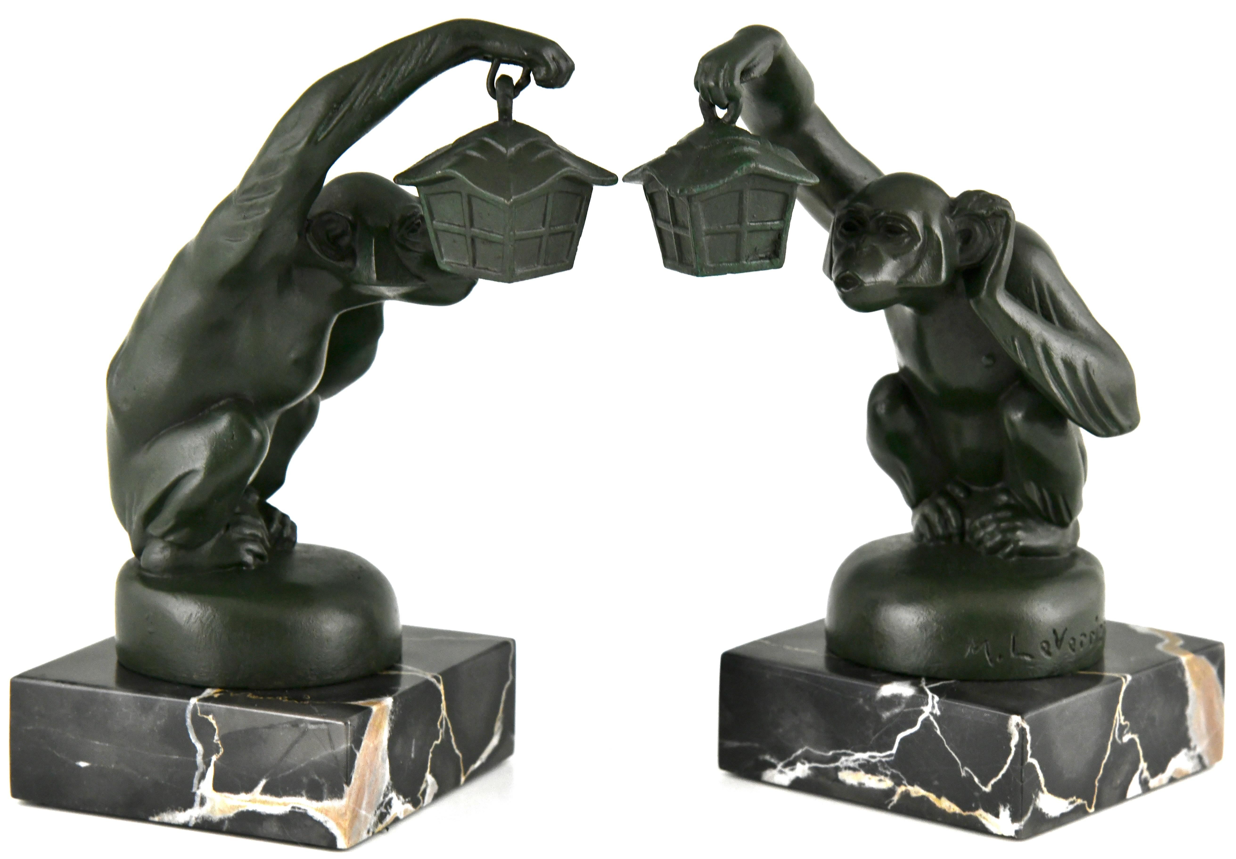 Patinated Art Deco Bookends Monkey with Lantern by Max Le Verrier 1925 For Sale