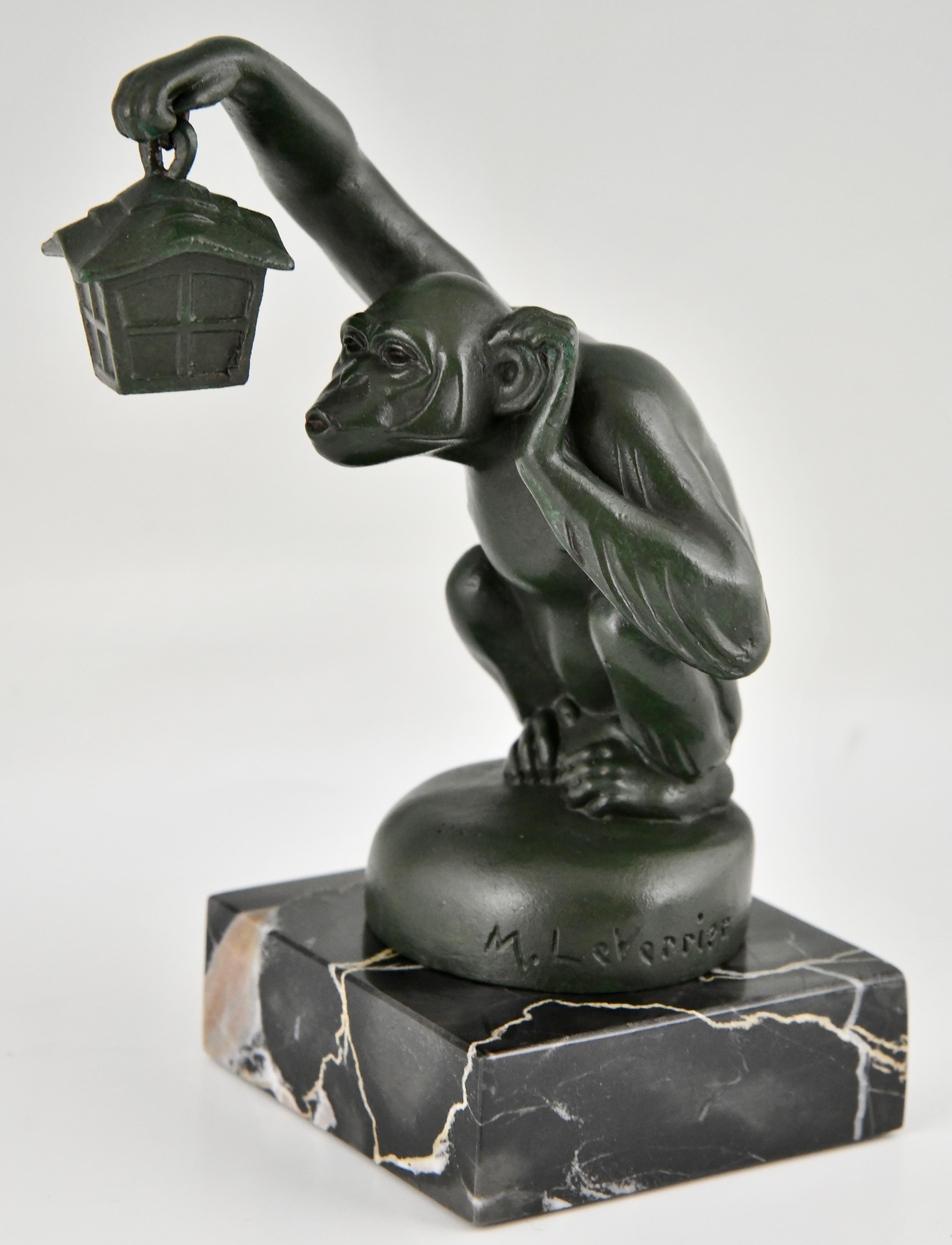 Art Deco Bookends Monkey with Lantern by Max Le Verrier 1925 For Sale 1