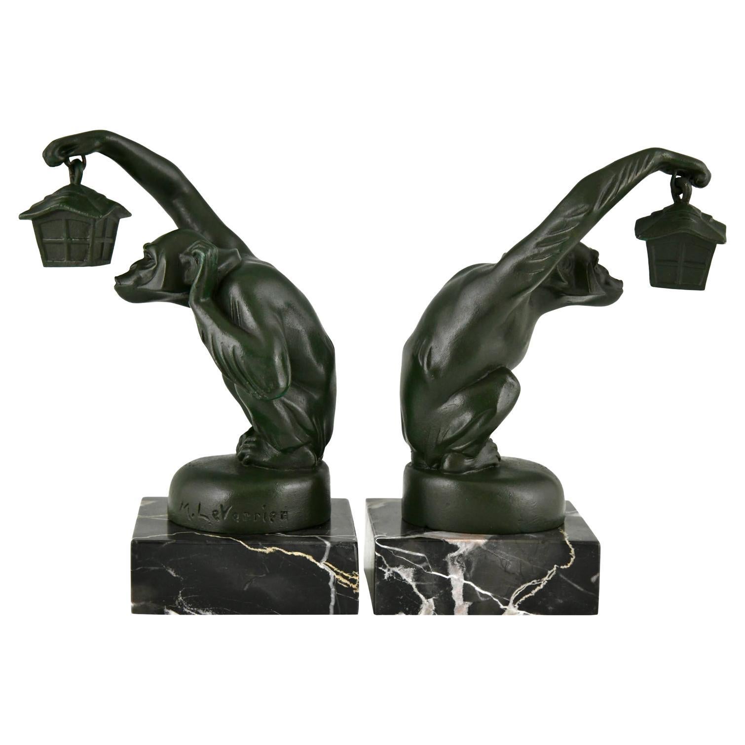 Art Deco Bookends Monkey with Lantern by Max Le Verrier 1925 For Sale