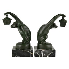 Vintage Art Deco Bookends Monkey with Lantern by Max Le Verrier 1925