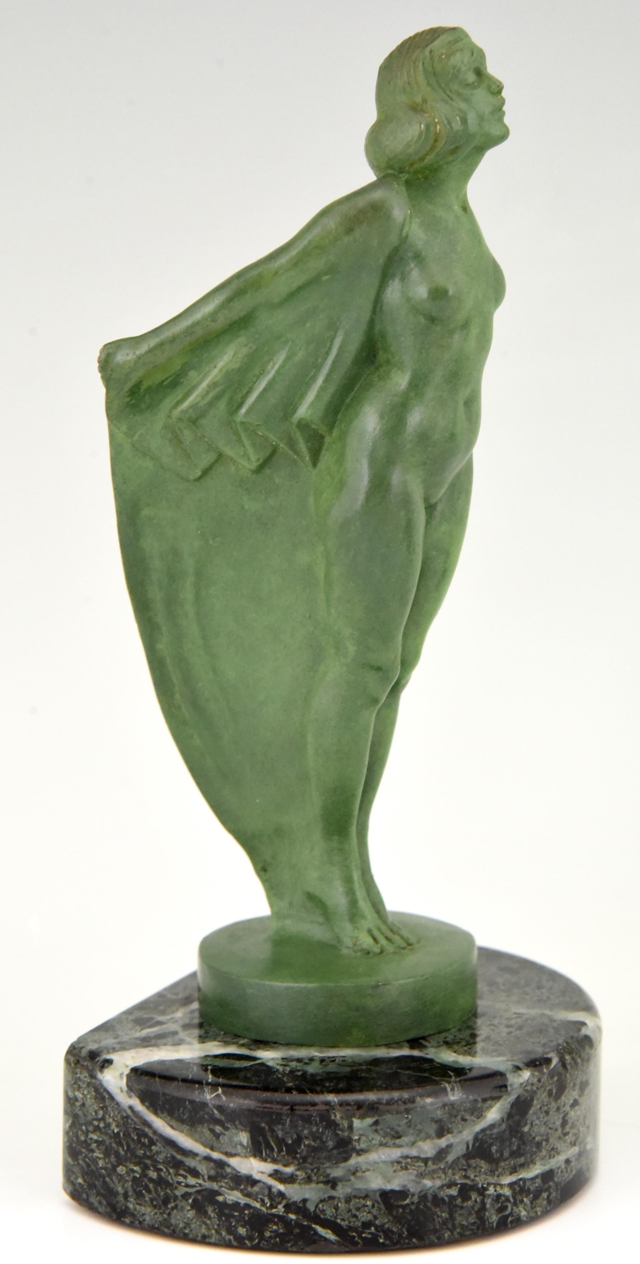 Metal Art Deco Bookends Nude with Cape Max Le Verrier France, 1930