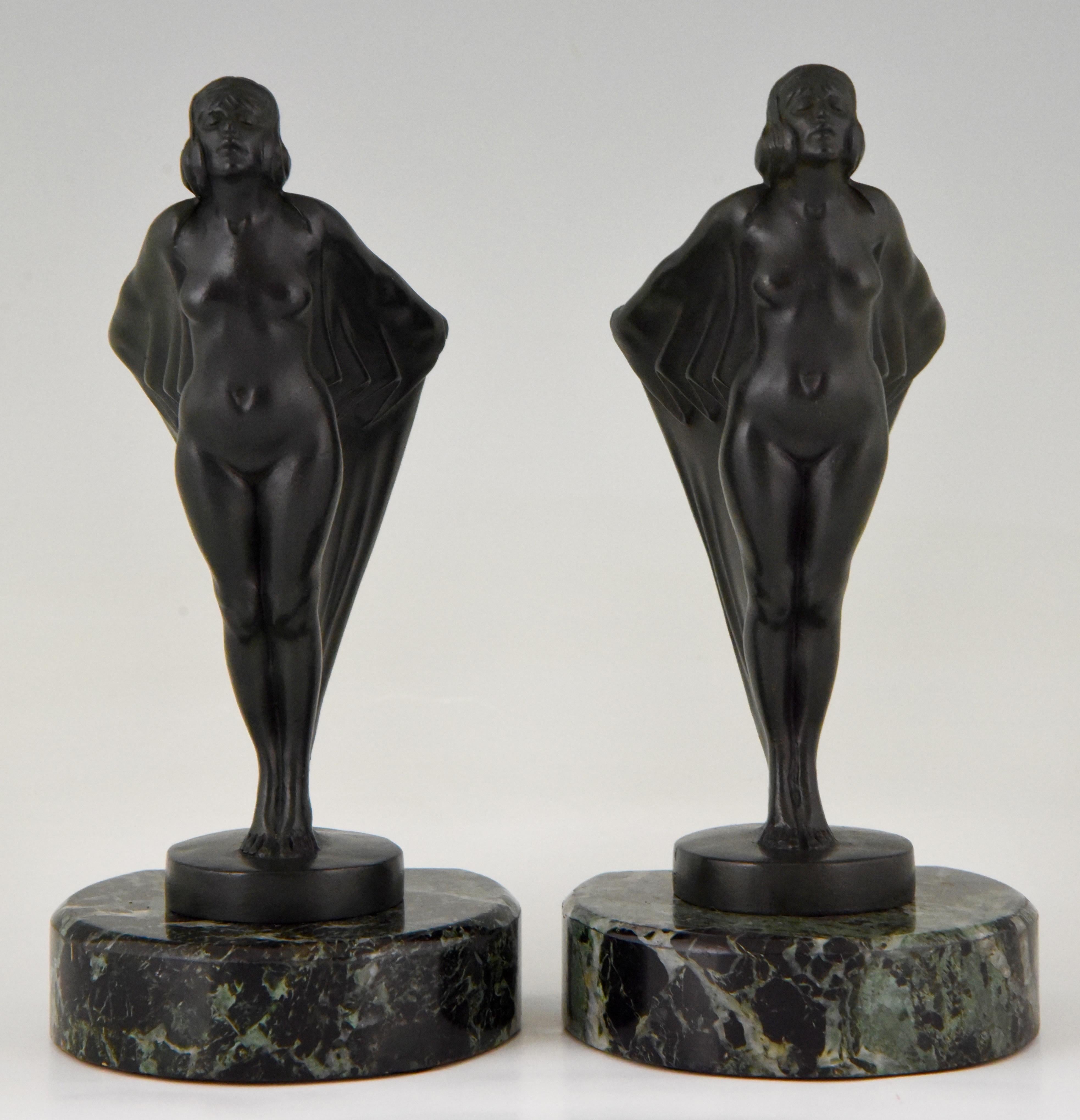 Patinated Art Deco Bookends Nude with Drape  Max Le Verrier France 1930