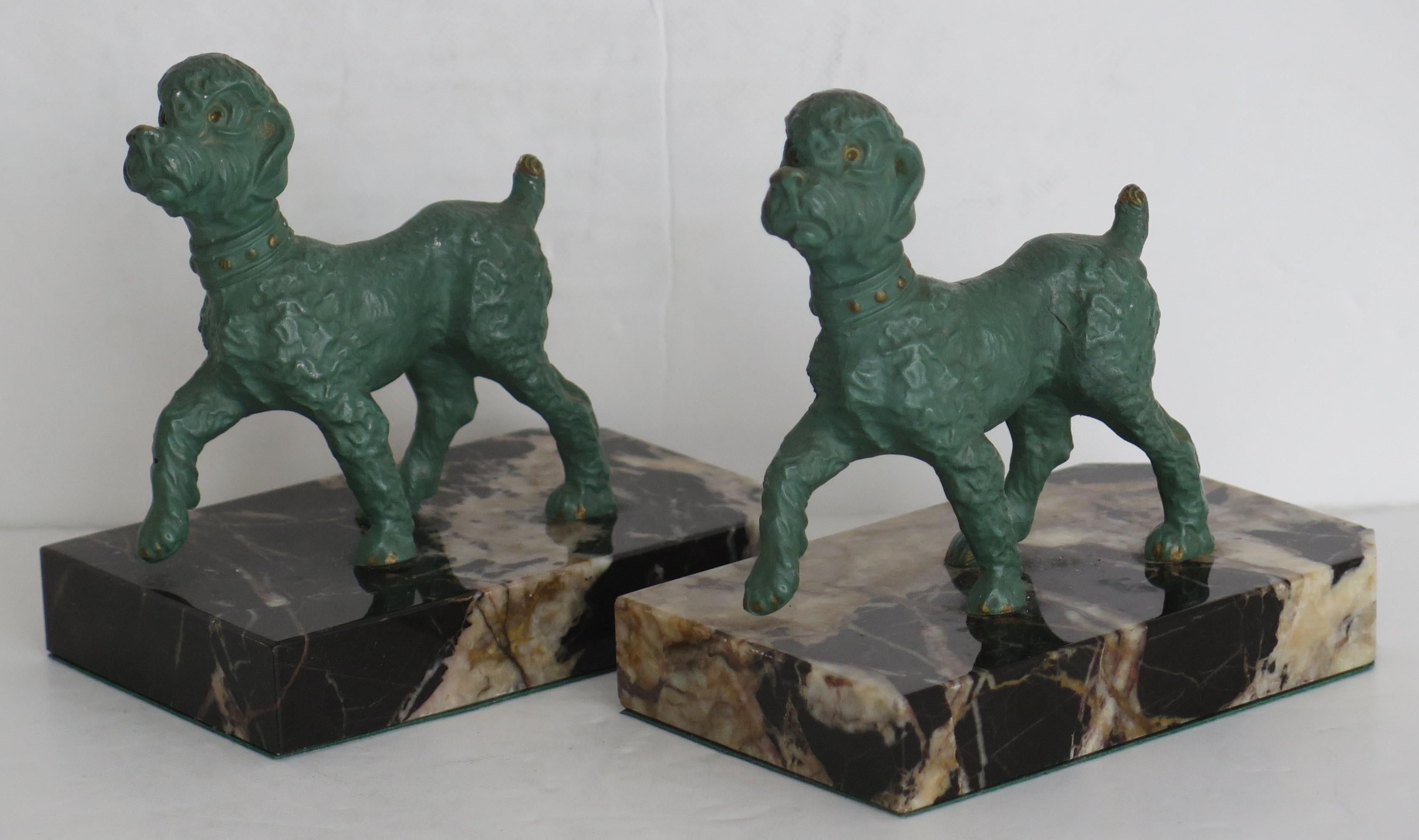 French Art Deco Bookends of Poodle Dogs Spelter on Portoro Marble Bases, circa 1930