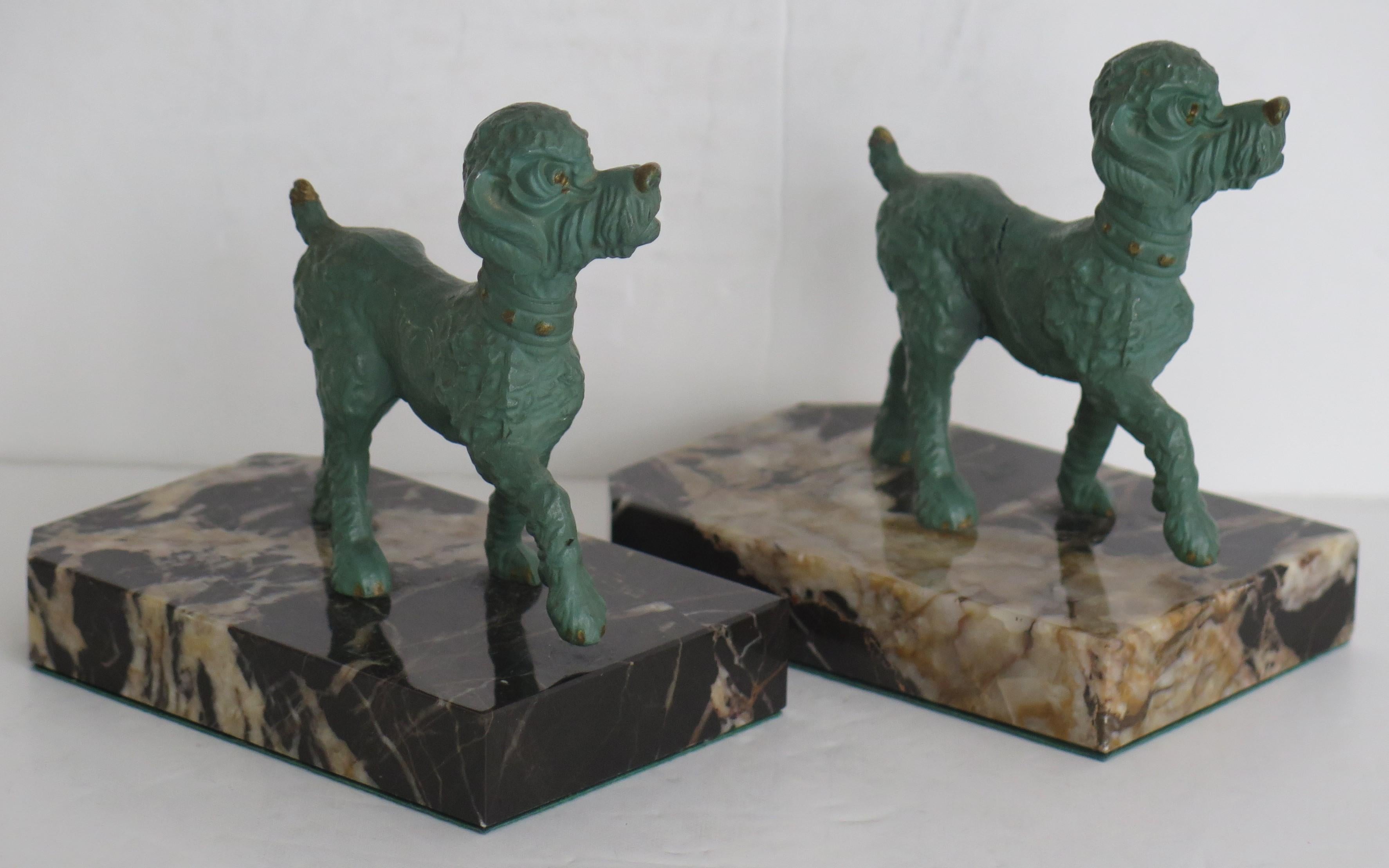 Hand-Crafted Art Deco Bookends of Poodle Dogs Spelter on Portoro Marble Bases, circa 1930