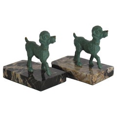 Antique Art Deco Bookends of Poodle Dogs Spelter on Portoro Marble Bases, circa 1930