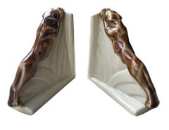 Art Deco Panther Bookends, Ceramic Sculptures, France, 1930. Stamped.