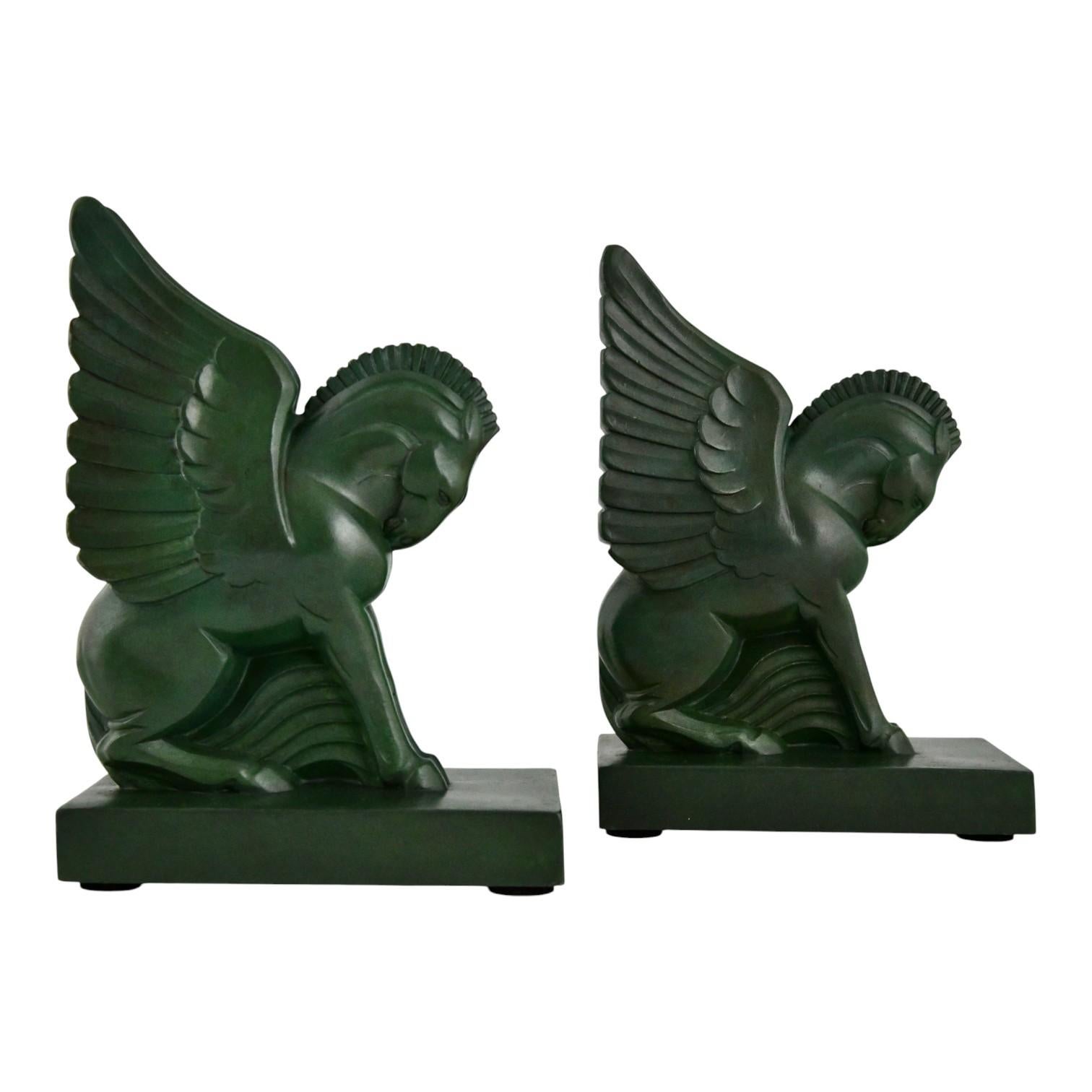 Mid-20th Century Art Deco bookends PEGASUS by G.H. Laurent France 1930, winged horses. For Sale