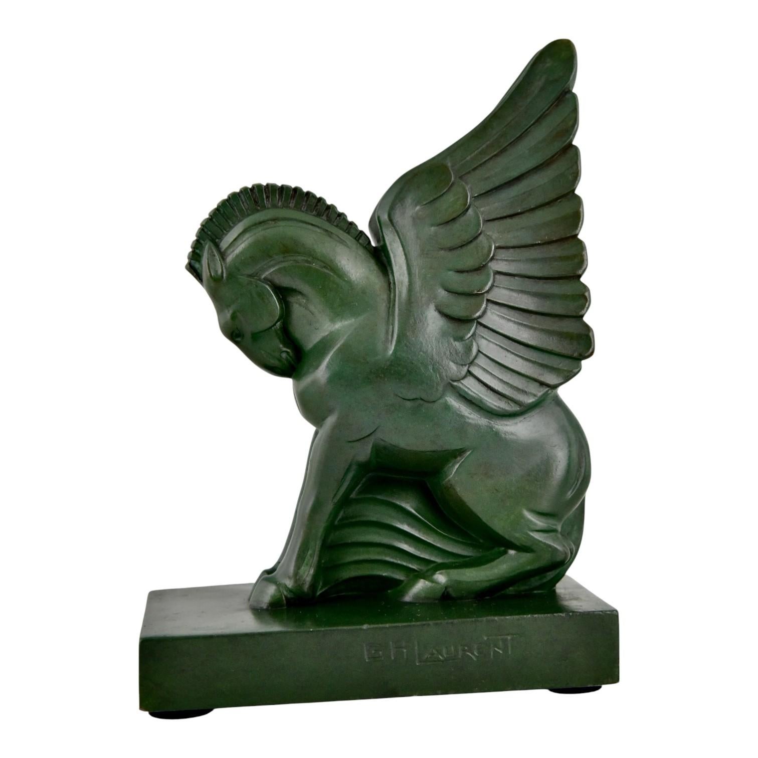 Art Deco bookends PEGASUS by G.H. Laurent France 1930, winged horses. For Sale 1