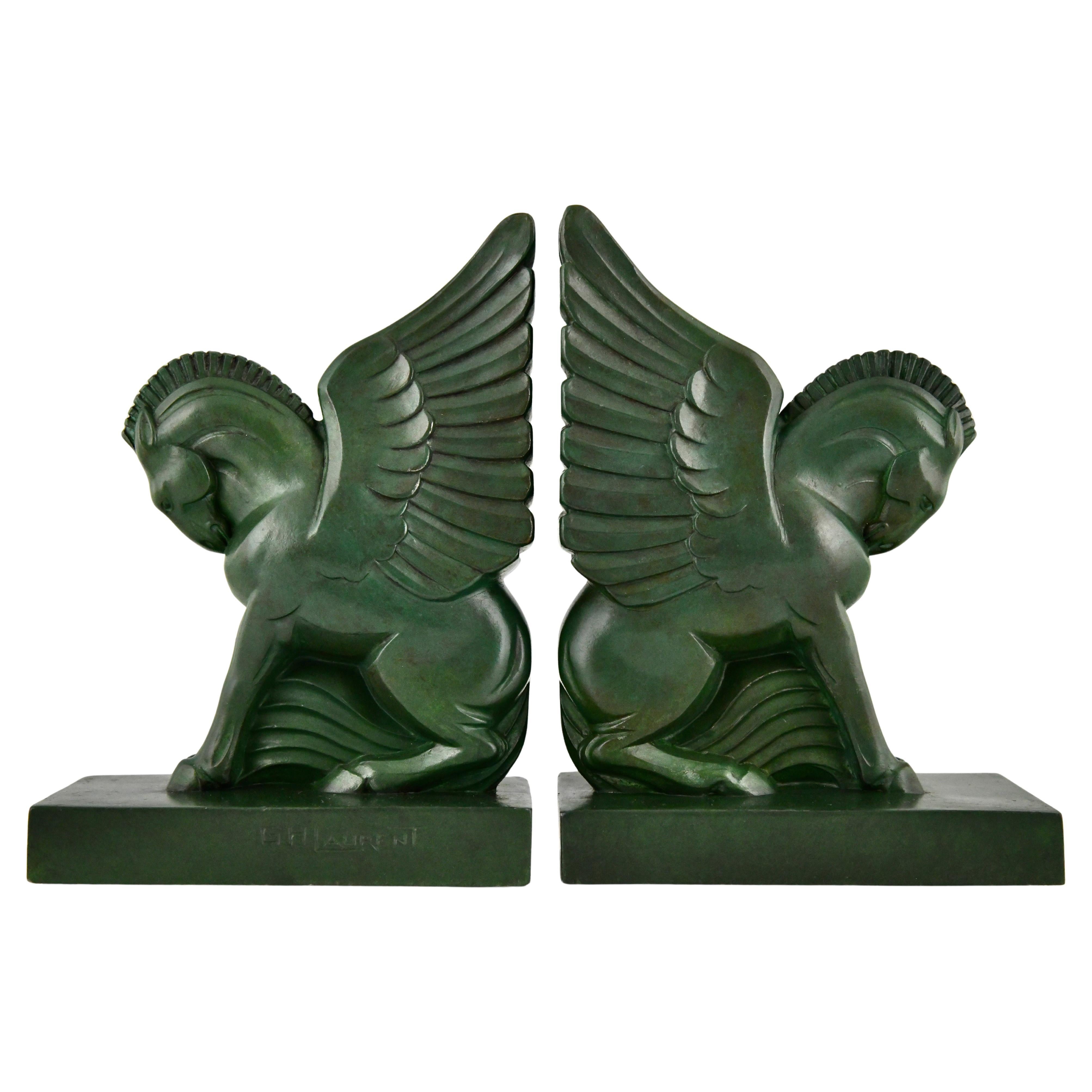 Art Deco bookends PEGASUS by G.H. Laurent France 1930, winged horses. For Sale