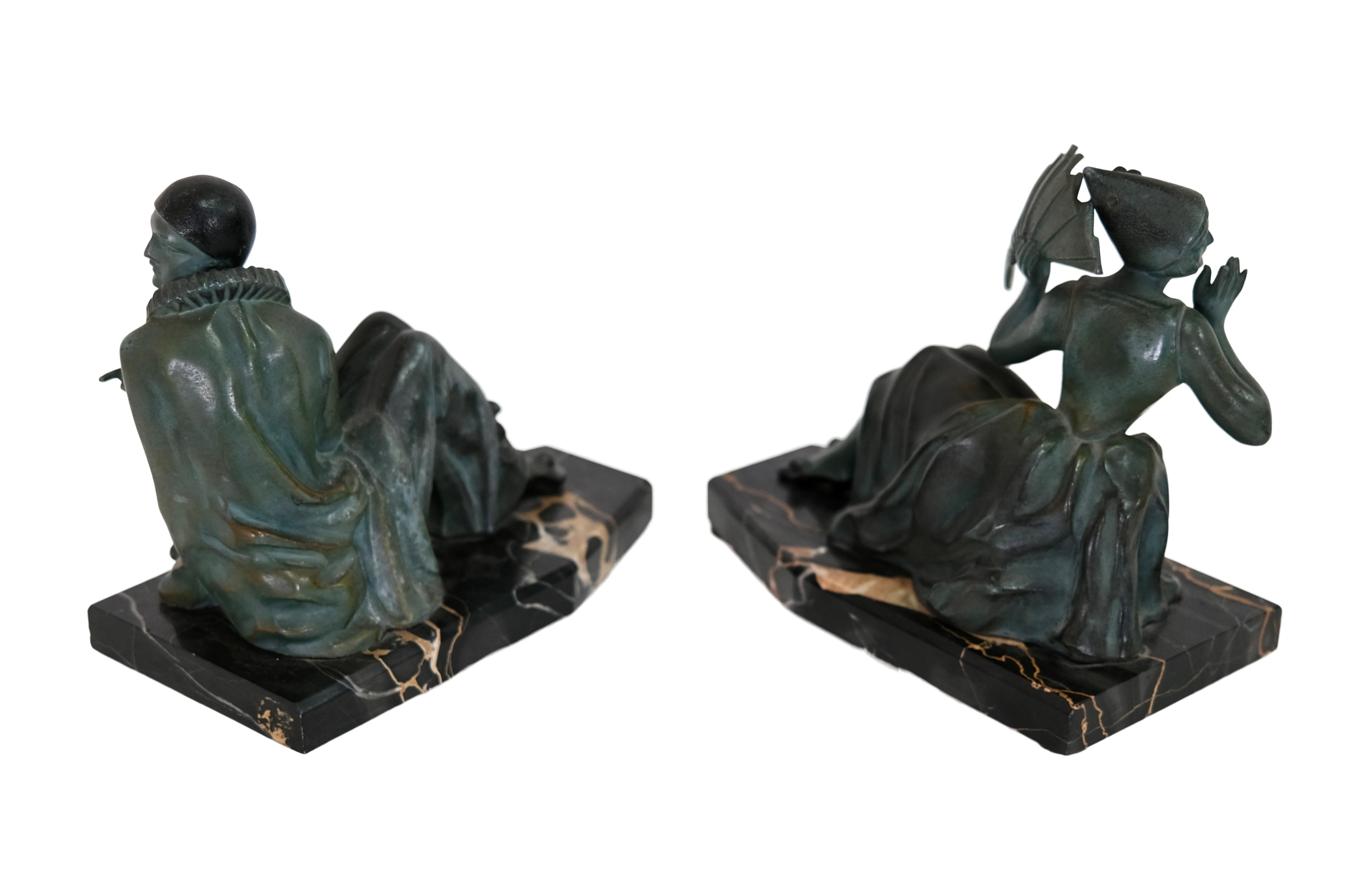 Mid-20th Century Art Deco Bookends Pierrot and the Lady with a Fan Spelter on Marble  For Sale