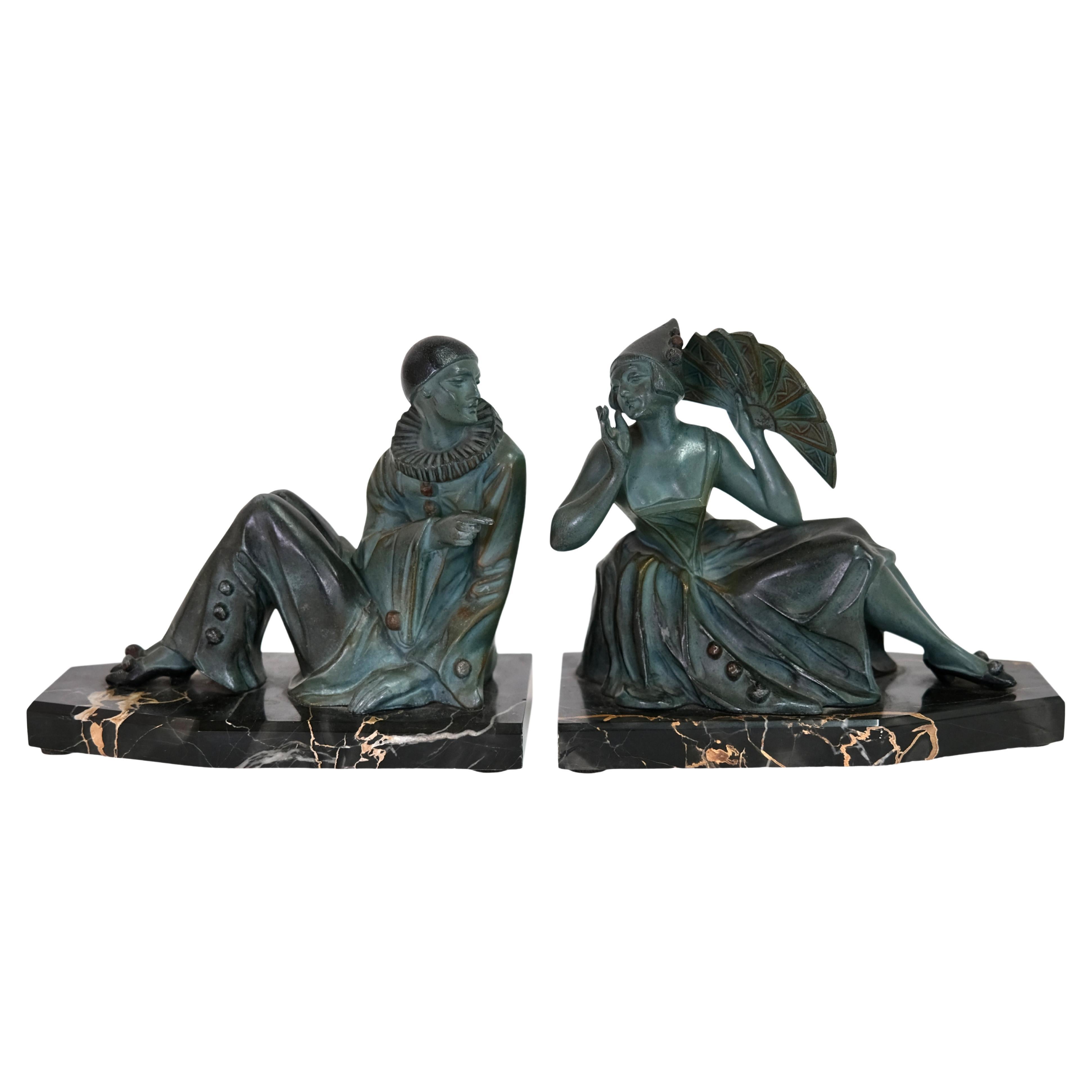 Art Deco Bookends Pierrot and the Lady with a Fan Spelter on Marble  For Sale