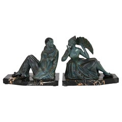 Art Deco Bookends Pierrot and the Lady with a Fan Spelter on Marble 