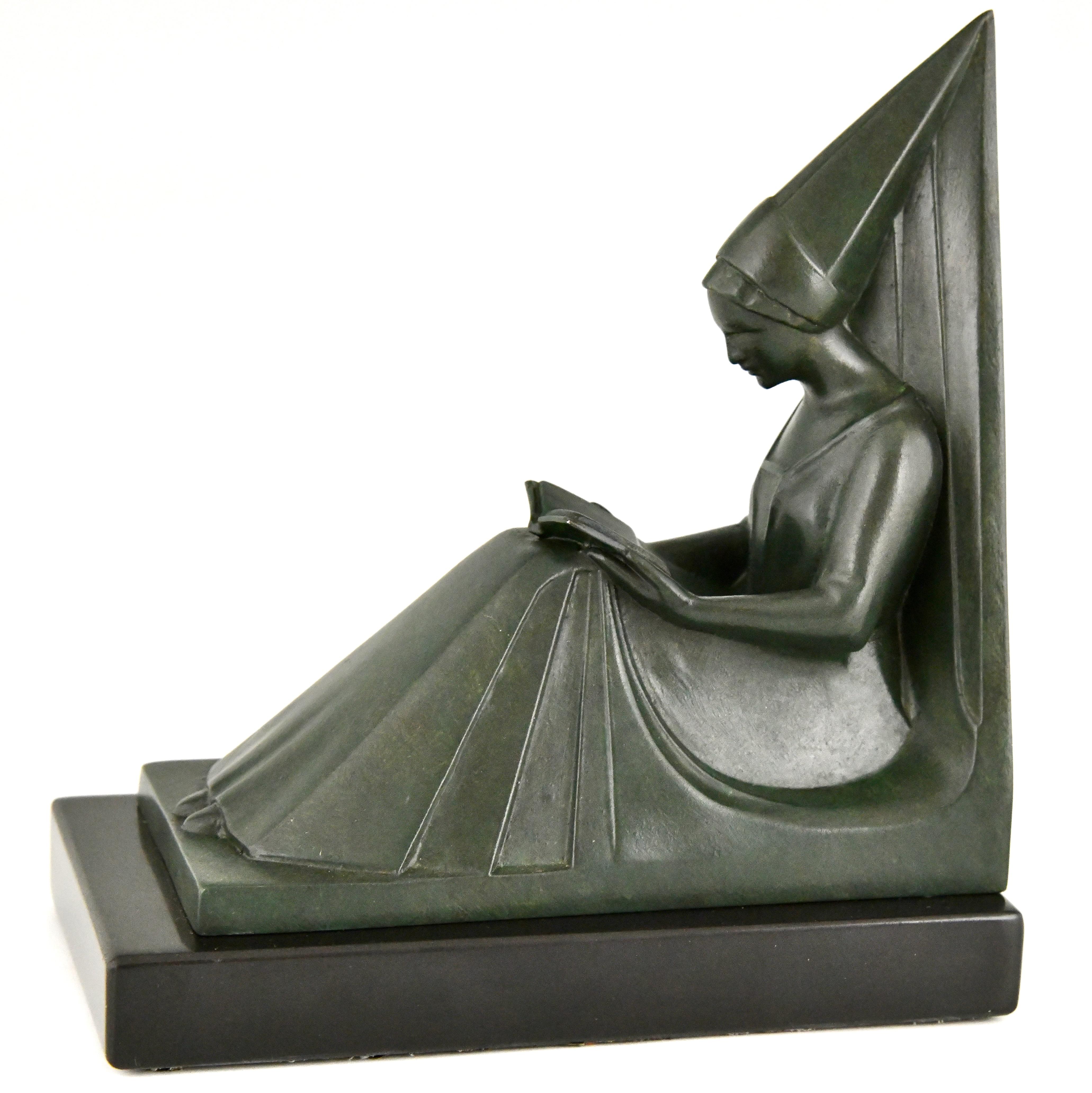 Metal Art Deco Bookends Reading Medieval Ladies by Max Le Verrier France 1930 For Sale