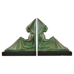 Art Deco Bookends Reading Medieval Ladies by Max Le Verrier France 1930