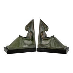 Art Deco Bookends Reading Medieval Ladies Max Le Verrier France 1930 MOYEN AGE