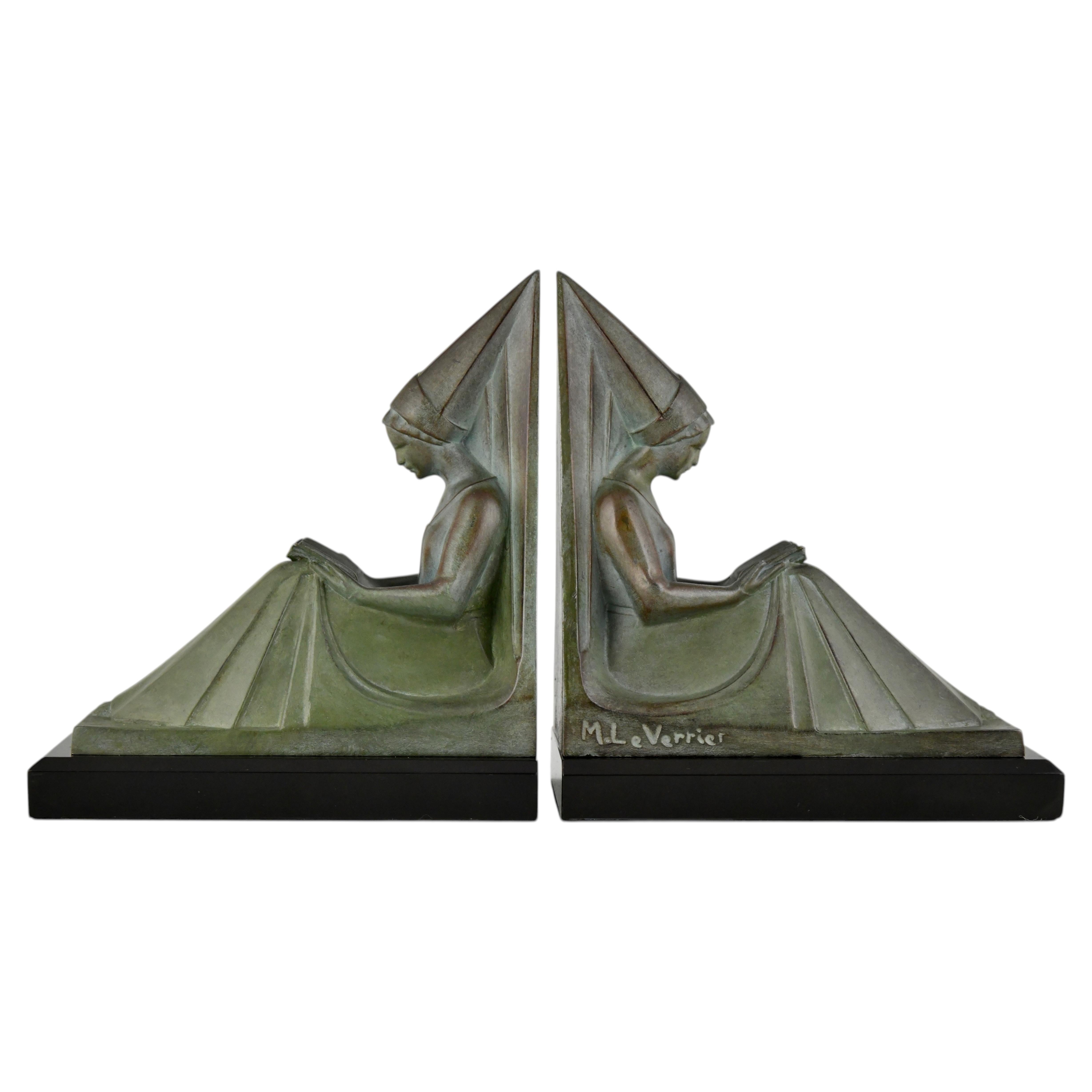 Art Deco Bookends Reading Medieval Ladies Max Le Verrier France 1930 MOYEN AGE