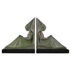 Art Deco Bookends Reading Medieval Ladies Max Le Verrier France 1930 MOYEN AGE