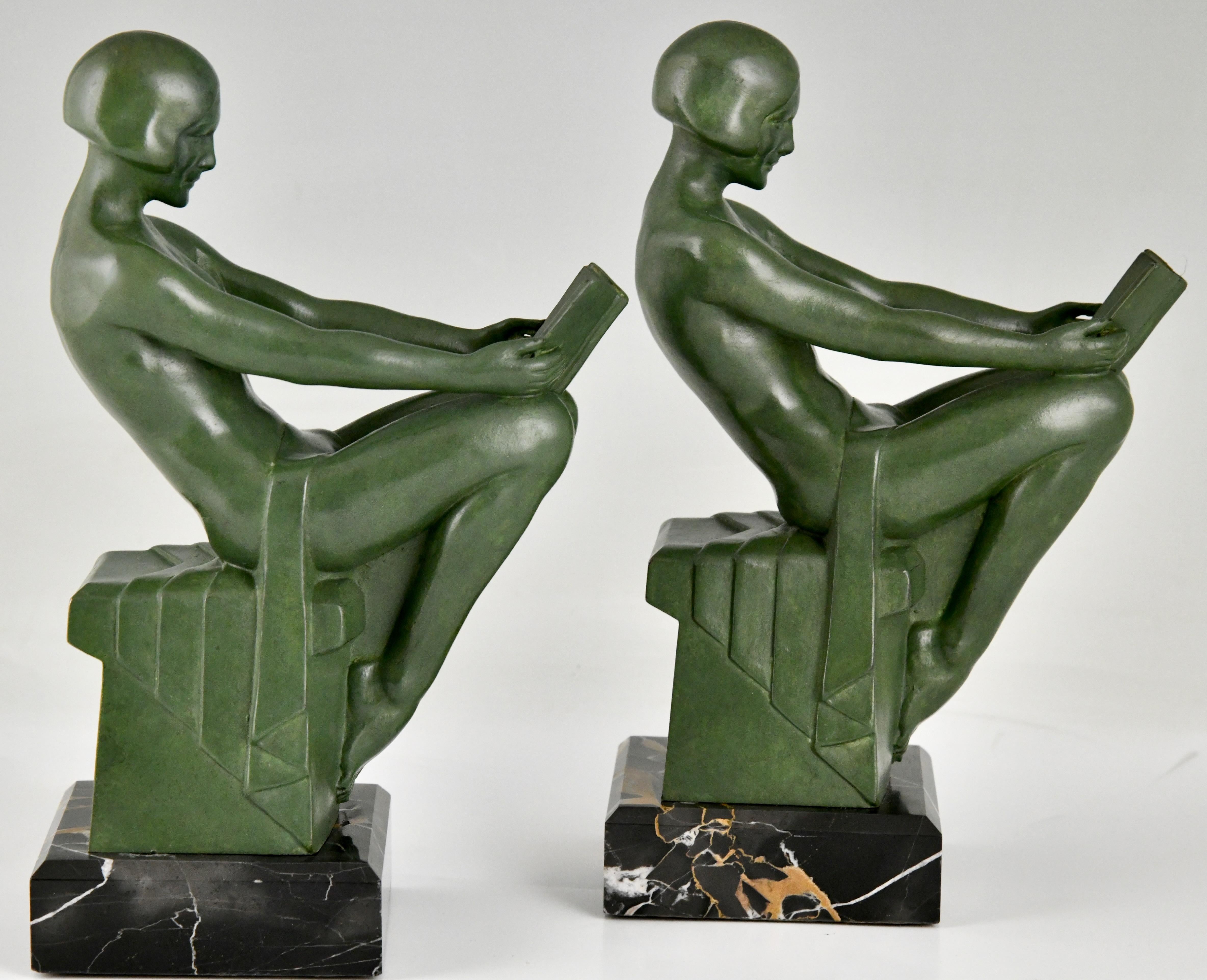 Mid-20th Century Art Deco bookends reading nudes Delassement by Max Le Verrier 1930