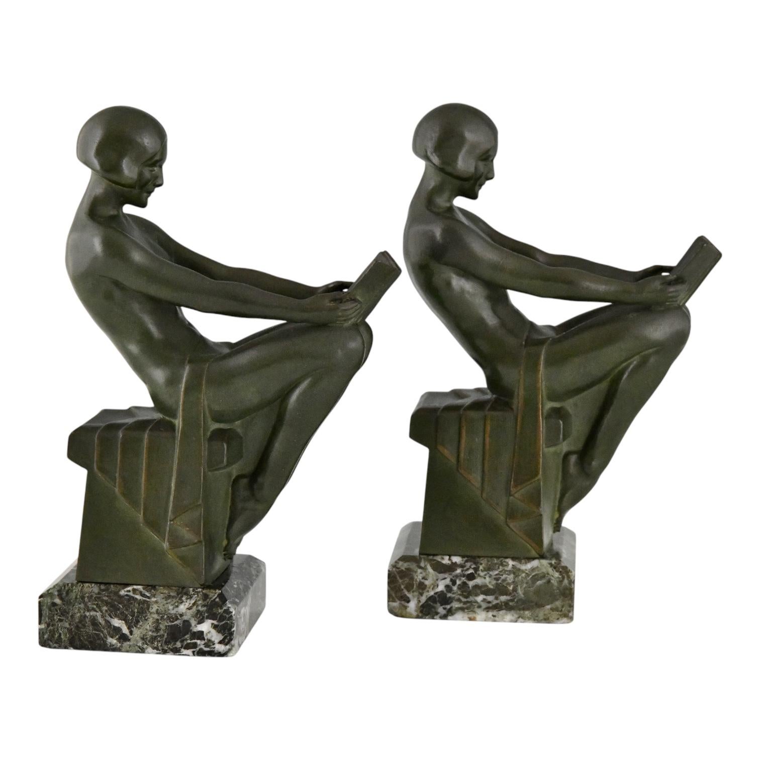 Mid-20th Century Art Deco bookends reading nudes Delassement by Max Le Verrier 1930