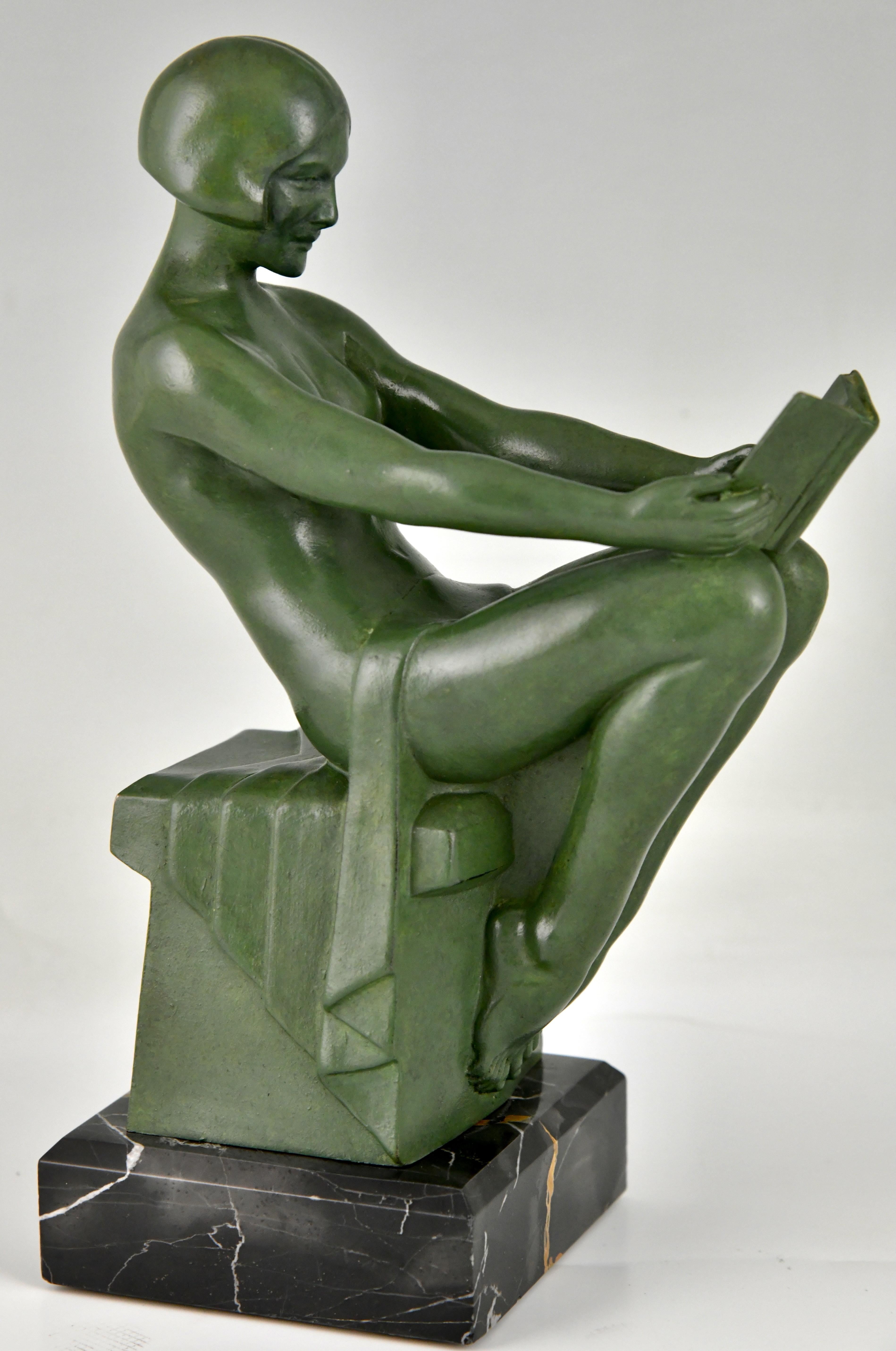 Metal Art Deco bookends reading nudes Delassement by Max Le Verrier 1930
