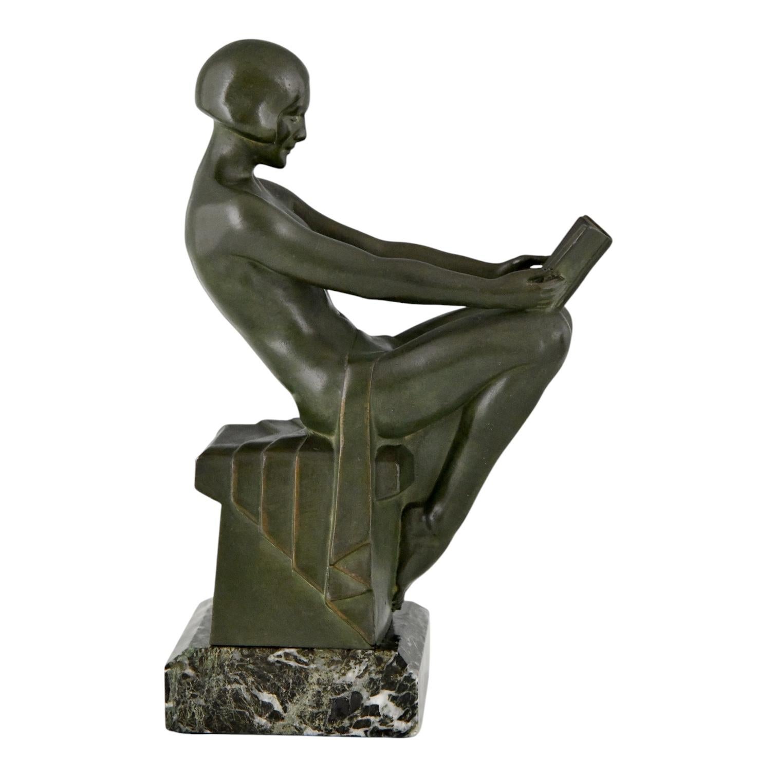 Metal Art Deco bookends reading nudes Delassement by Max Le Verrier 1930