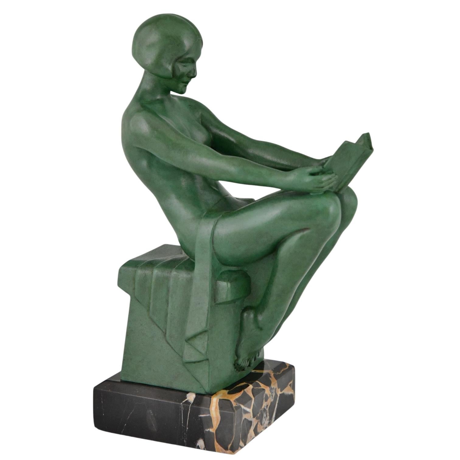 Metà XX secolo Reggilibri Art Deco che leggono nudi Delassement di Max Le Verrier Francia 1930 in vendita