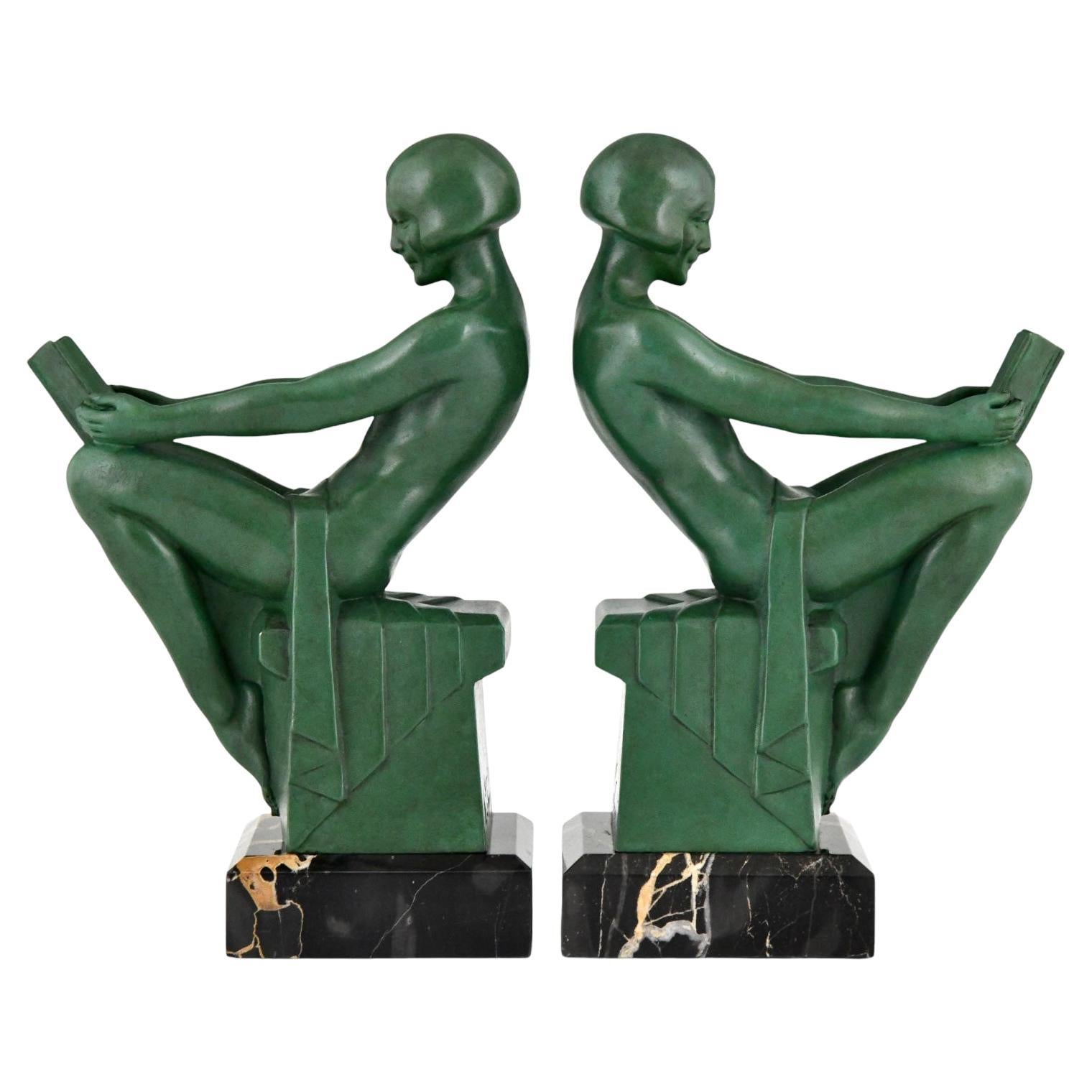 Art Deco bookends reading nudes Delassement by Max Le Verrier France 1930