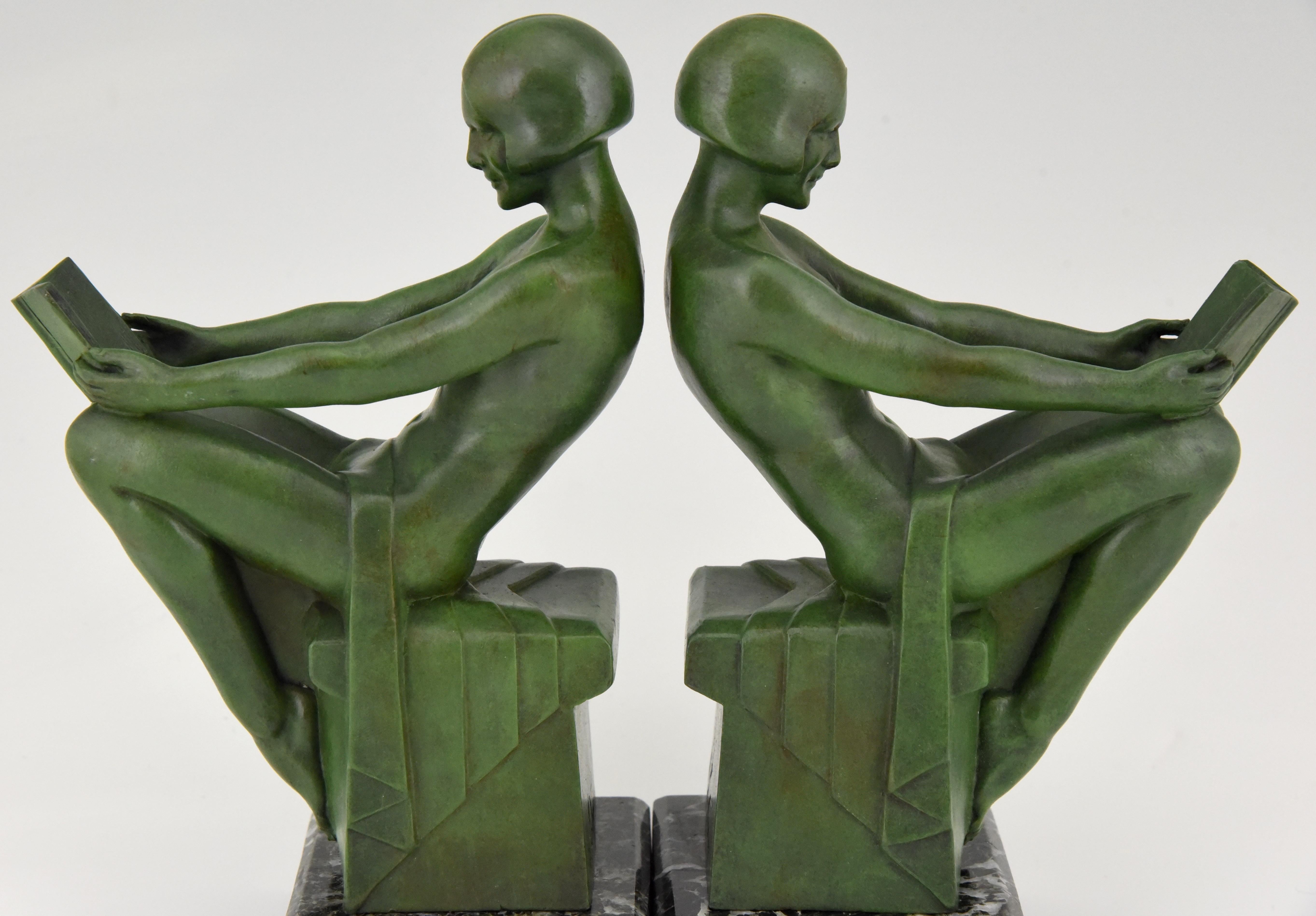 Art Deco Bookends Reading Nudes Delassement Max Le Verrier, France, 1930 3