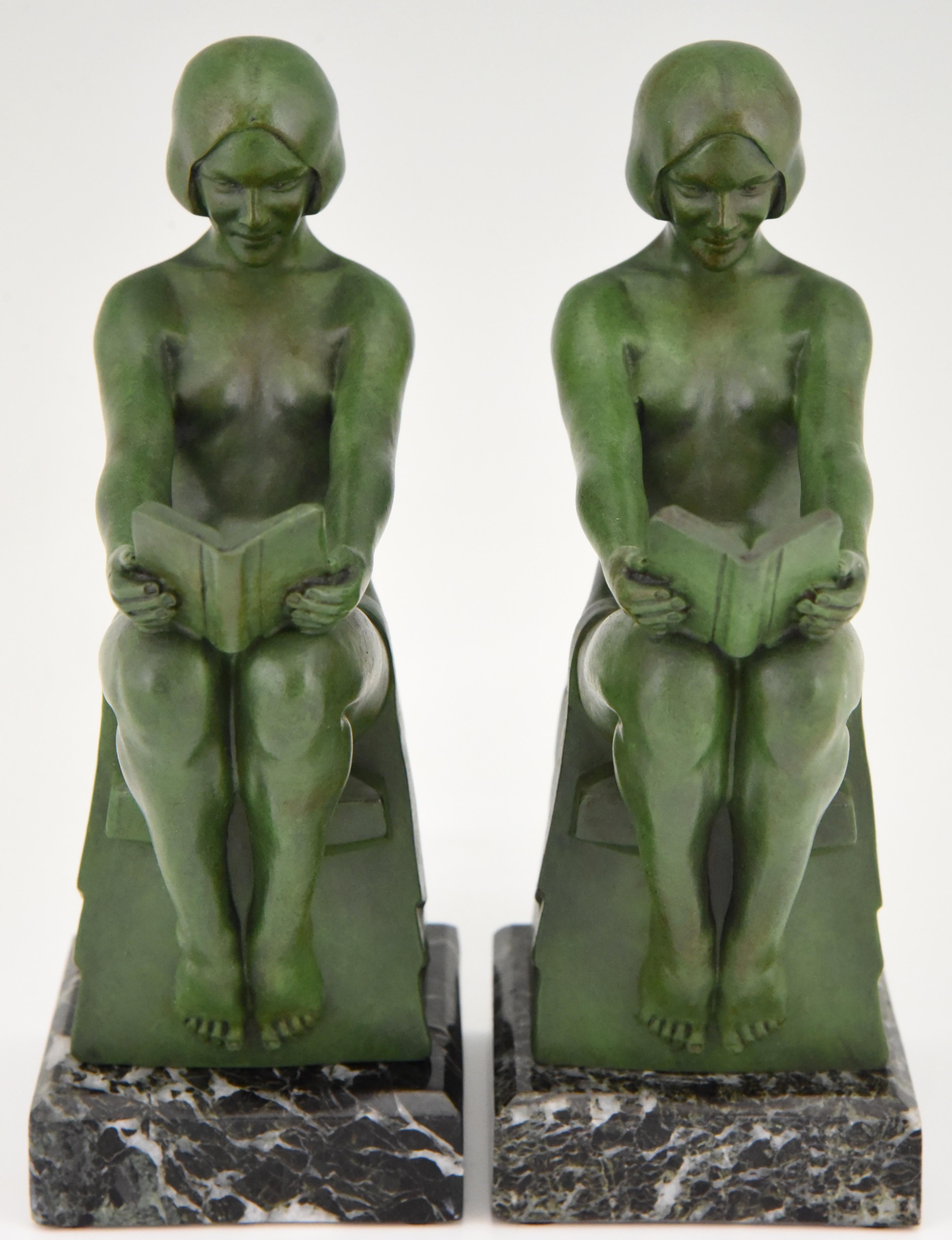 French Art Deco Bookends Reading Nudes Delassement Max Le Verrier, France, 1930