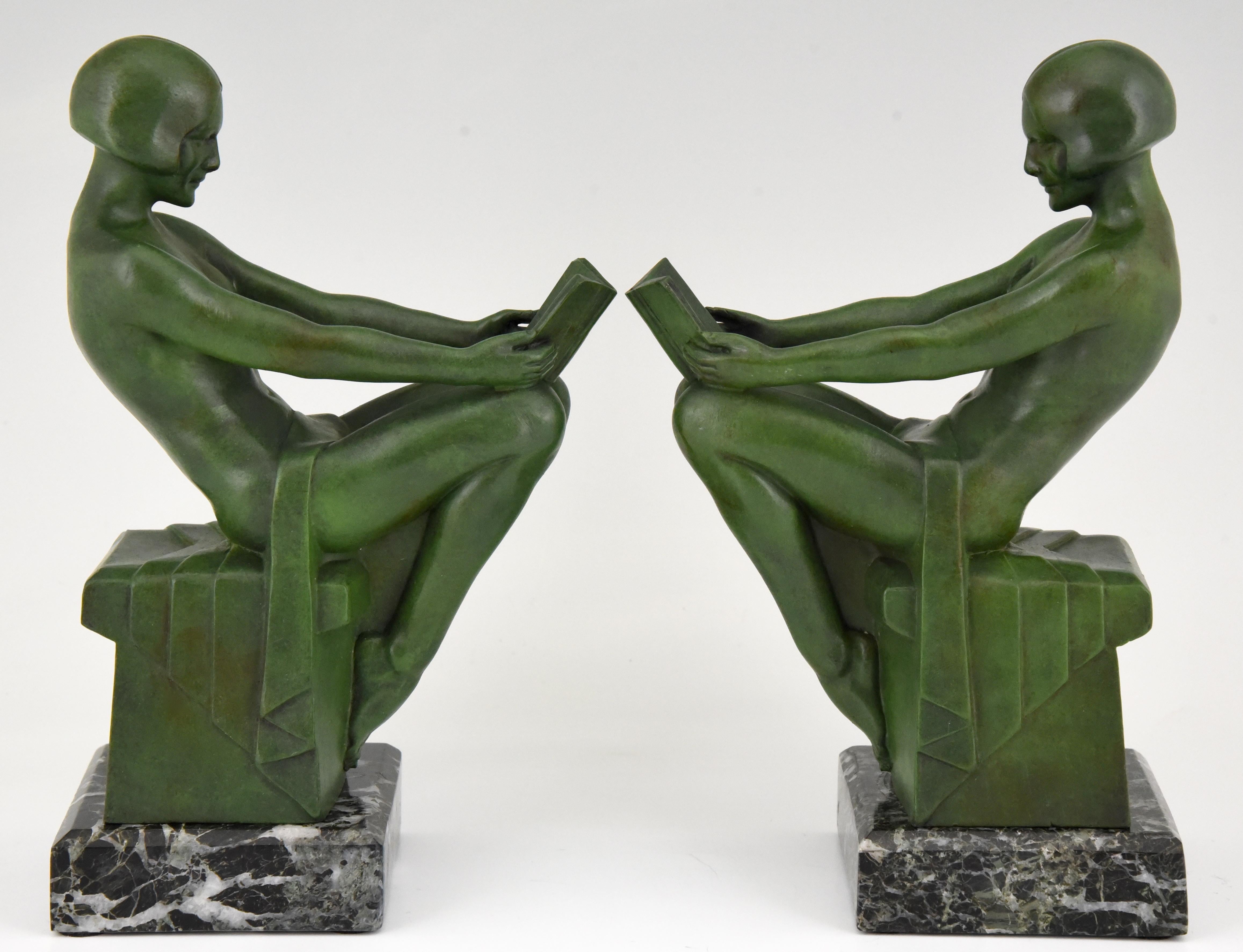 Patinated Art Deco Bookends Reading Nudes Delassement Max Le Verrier, France, 1930