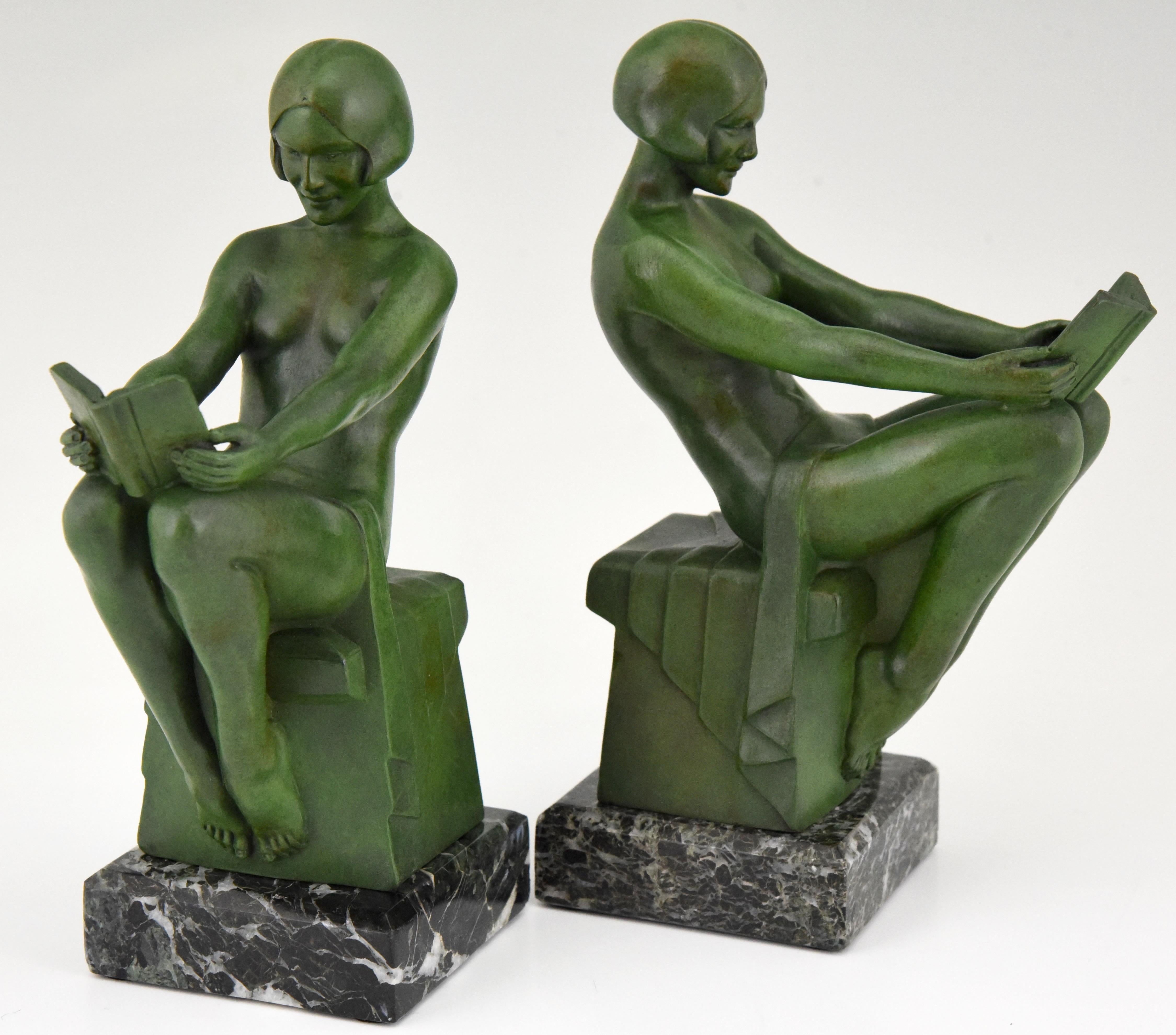 Art Deco Bookends Reading Nudes Delassement Max Le Verrier, France, 1930 1