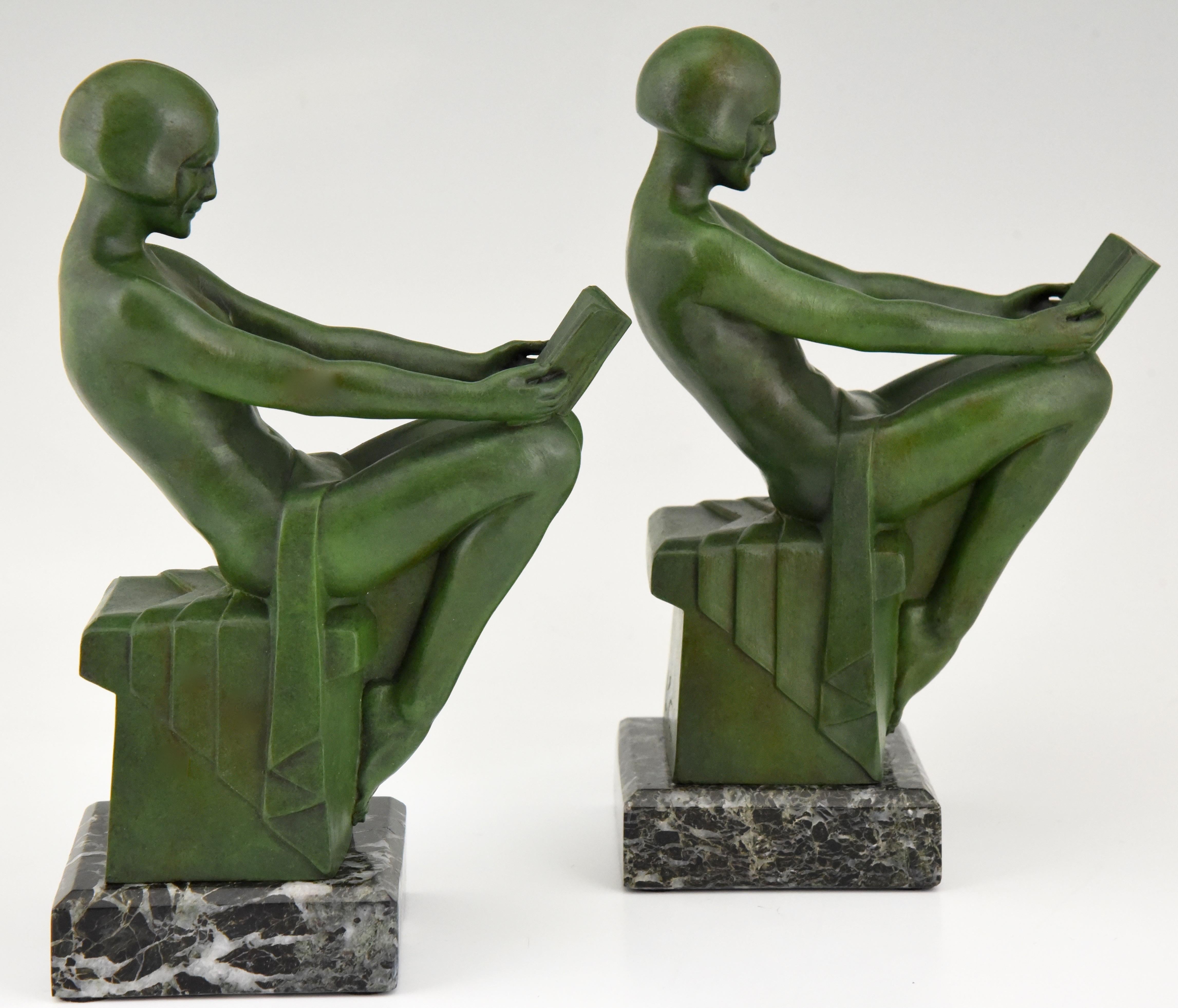 Art Deco Bookends Reading Nudes Delassement Max Le Verrier, France, 1930 2