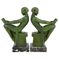 Art Deco Bookends Reading Nudes Delassement Max Le Verrier, France, 1930