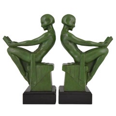 Art Deco Bookends Reading Nudes Max Le Verrier France 1930 Art Meal Green Patina