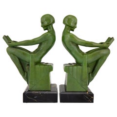 Art Deco Bookends Reading Nudes Max Le Verrier Original, 1930, France