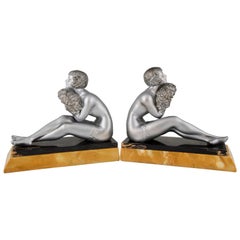Art Deco Bookends Seated Nudes with Flowers L. Bruns 1930 France
