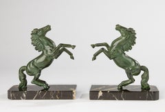 Art Deco Bookends - Spelter with Green Patina - Marble Base - Rearing Horses