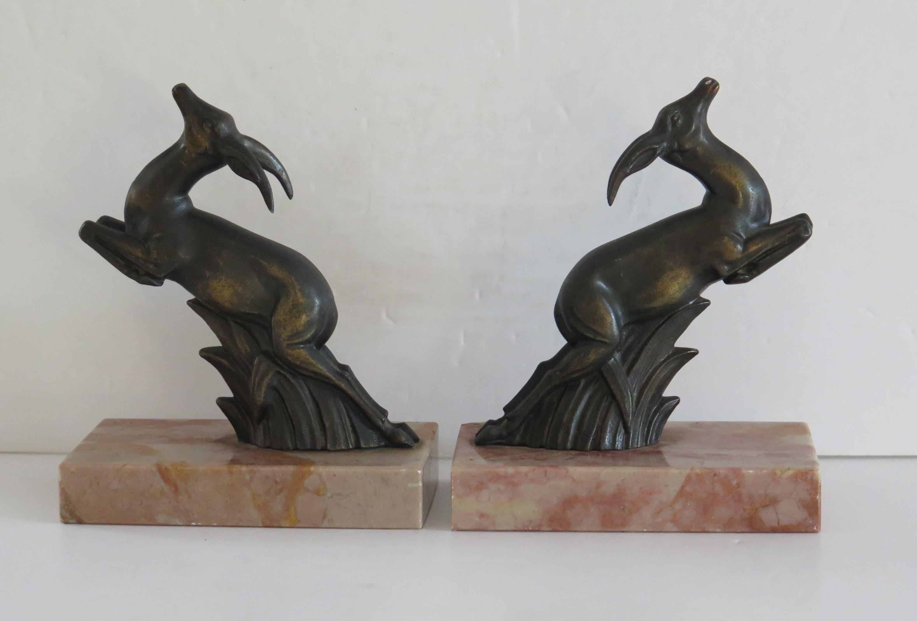 Polished Art Deco Bookends Springbok metal Antelopes on Marble Bases, French circa 1930 For Sale