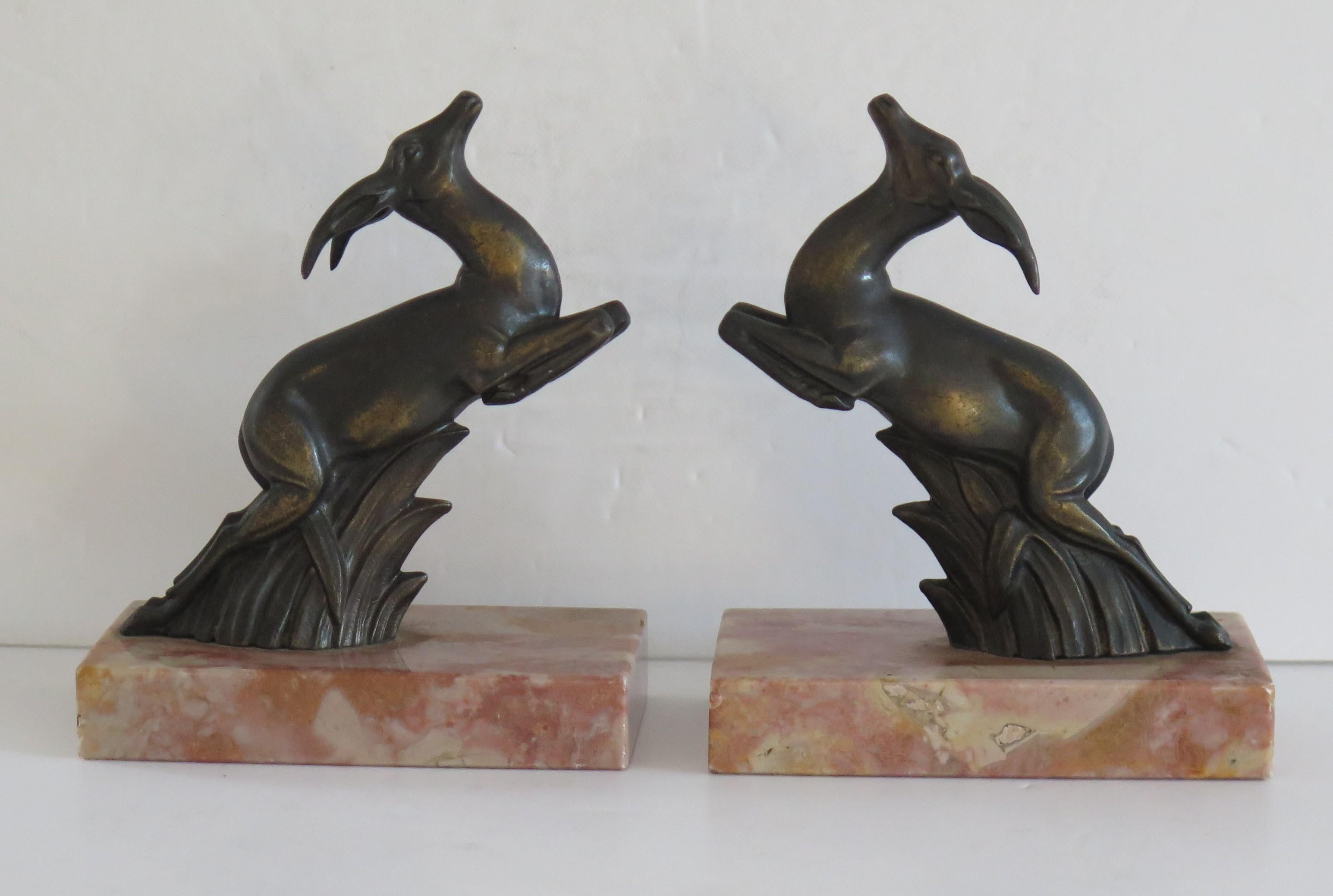 Art Deco Bookends Springbok metal Antelopes on Marble Bases, French circa 1930 In Good Condition For Sale In Lincoln, Lincolnshire