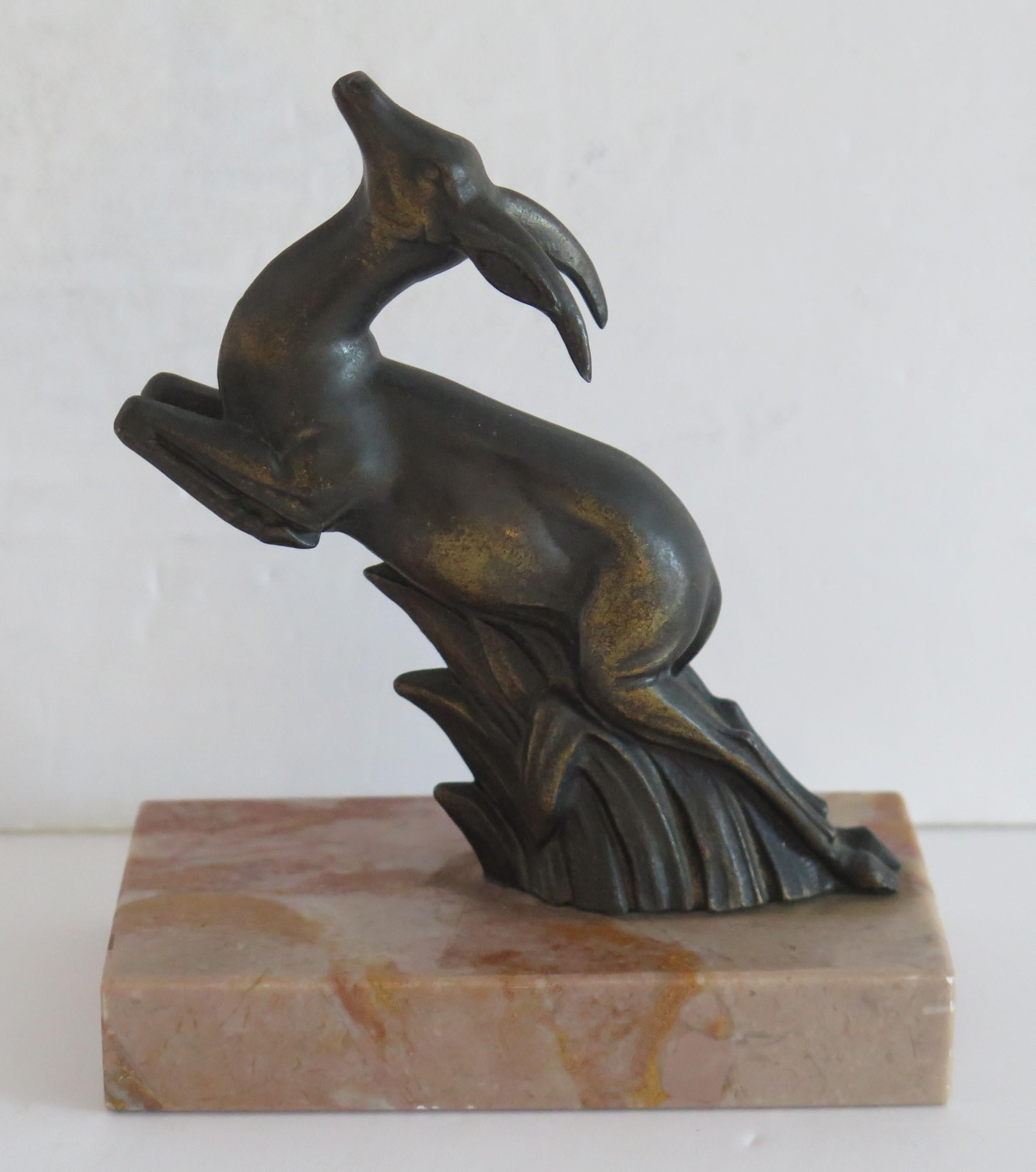20th Century Art Deco Bookends Springbok metal Antelopes on Marble Bases, French circa 1930 For Sale