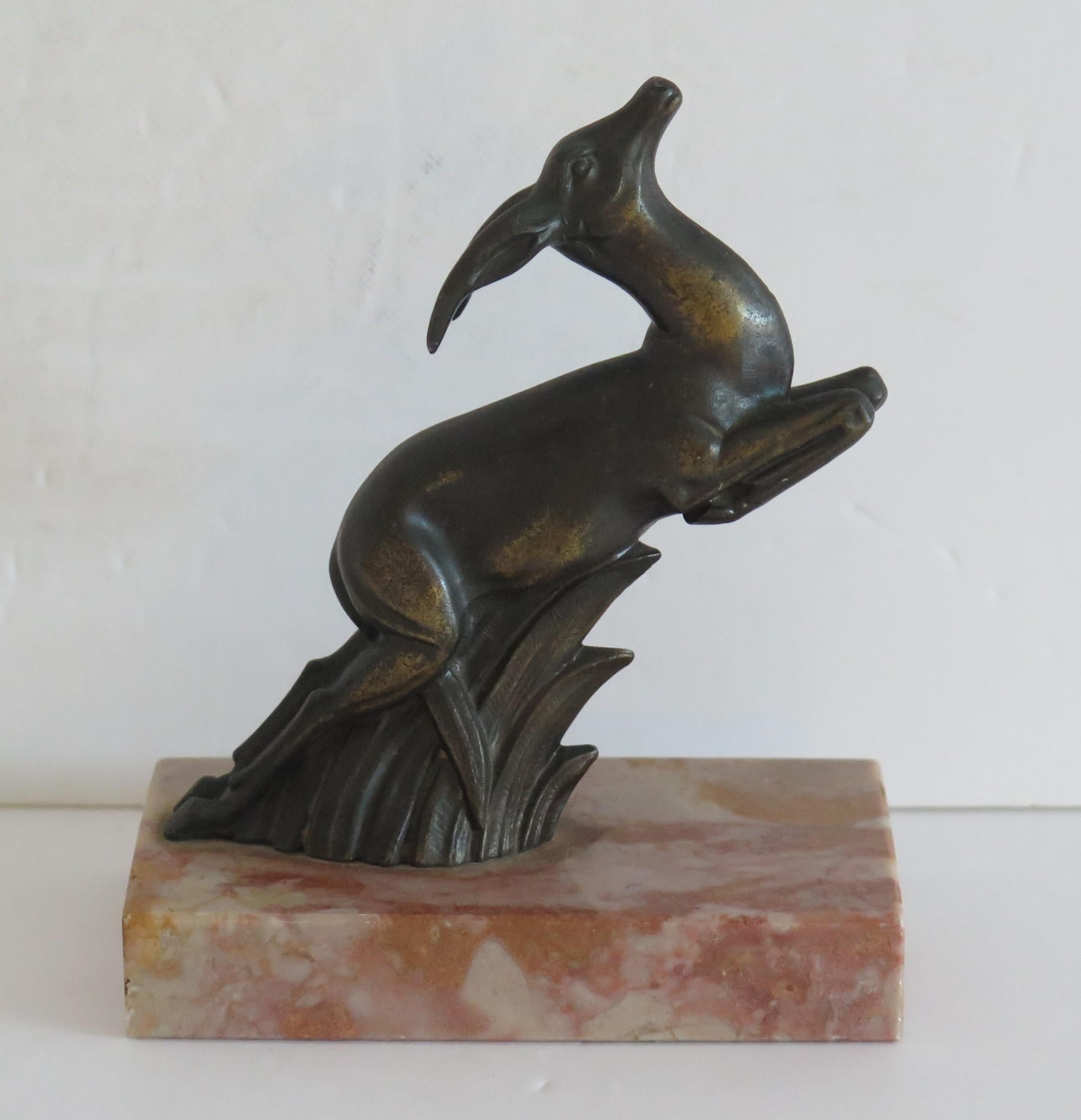 Art Deco Bookends Springbok metal Antelopes on Marble Bases, French circa 1930 1