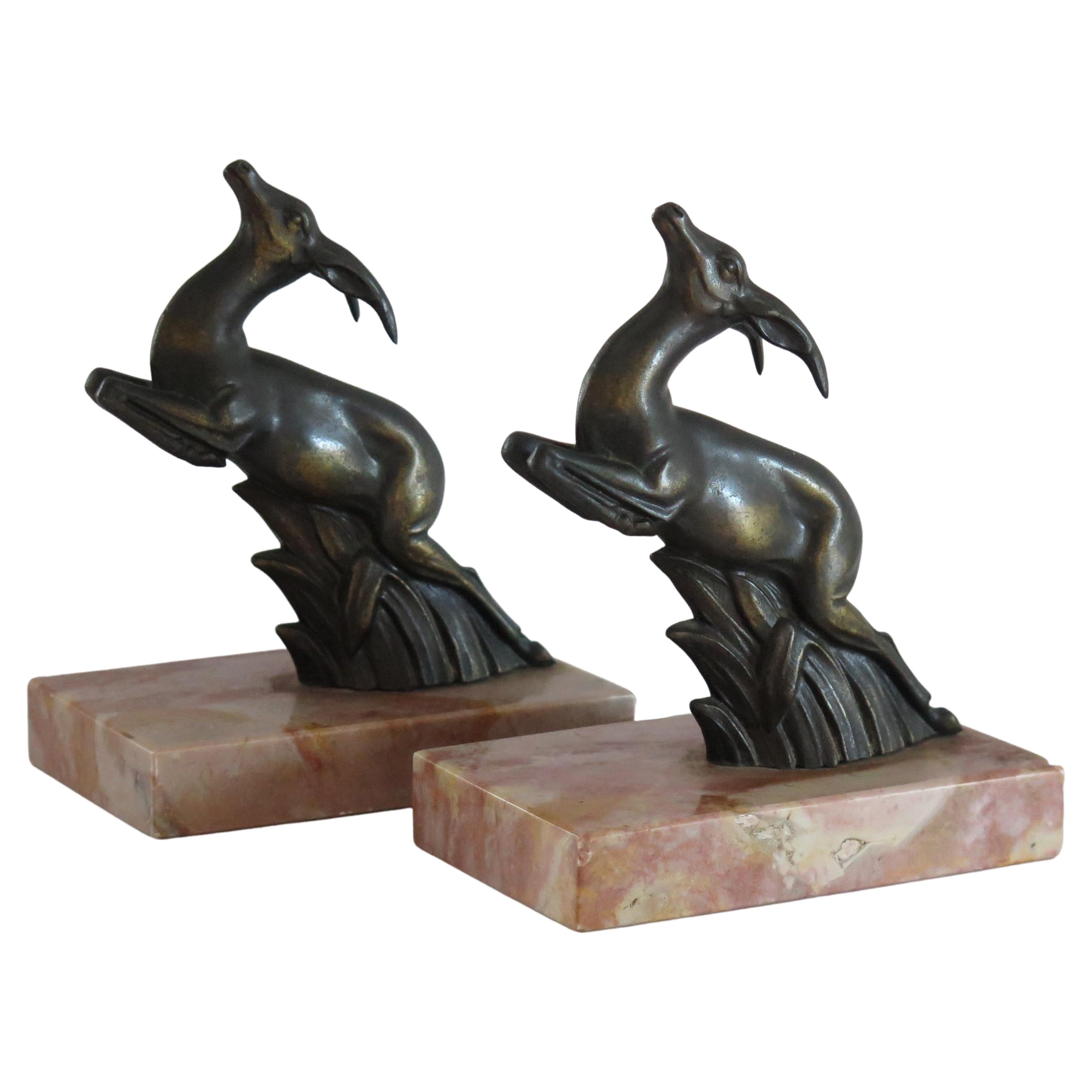 Art Deco Bookends Springbok metal Antelopes on Marble Bases, French circa 1930