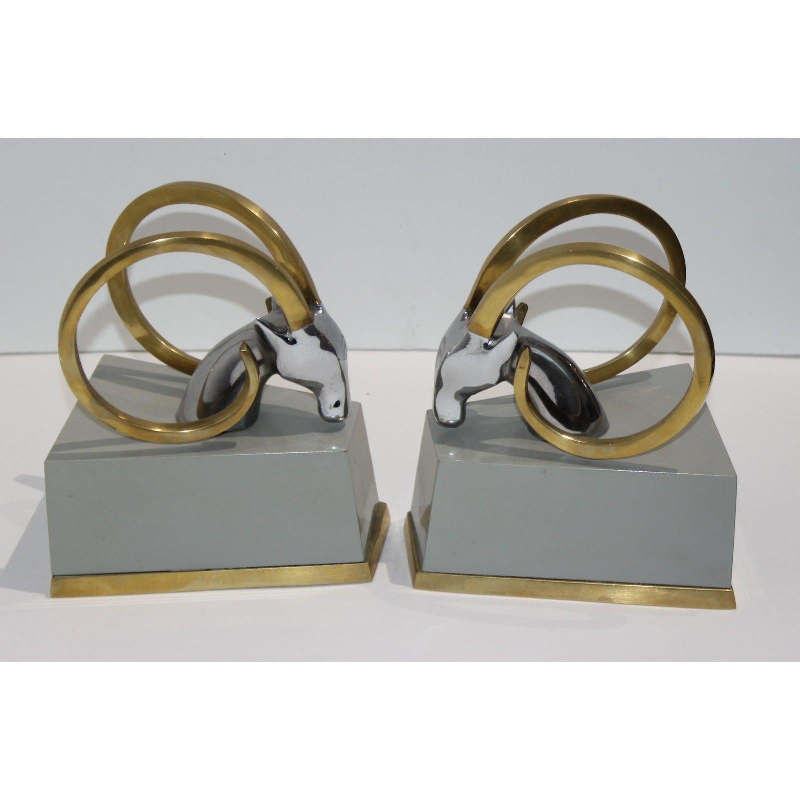 Art Deco Bookends with Brass Ibex Heads In Good Condition In West Palm Beach, FL