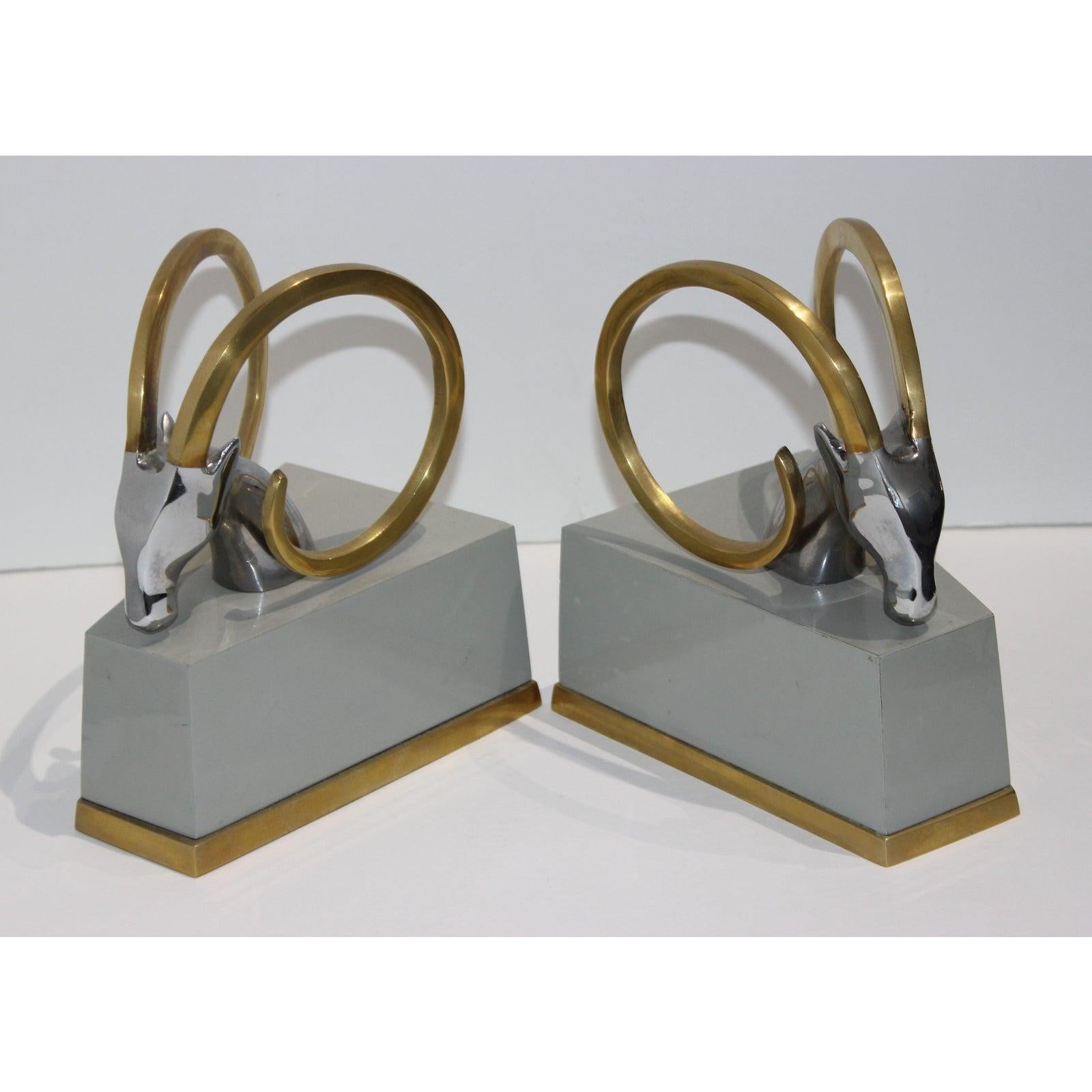 20th Century Art Deco Bookends with Brass Ibex Heads