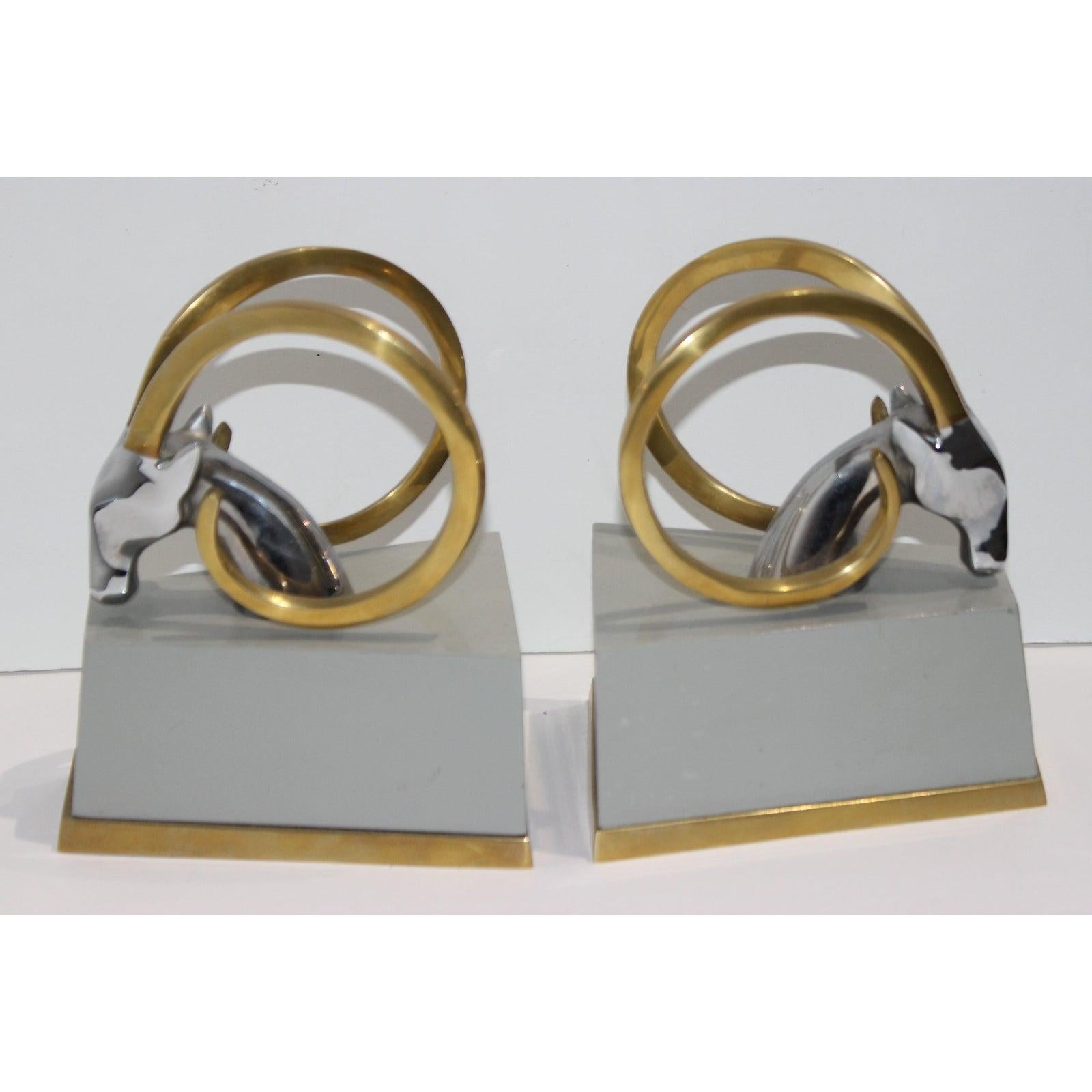 Art Deco Bookends with Brass Ibex Heads 1