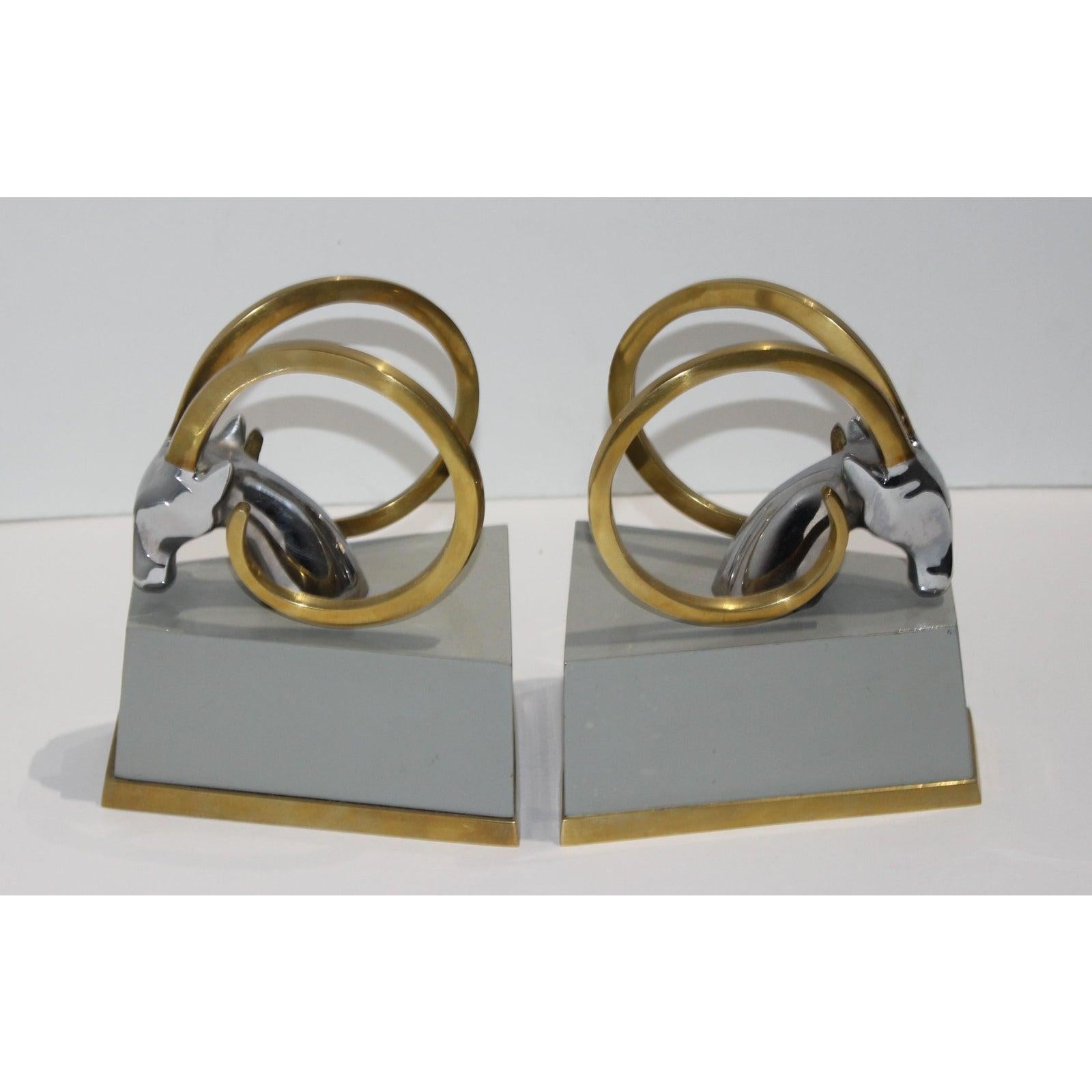 Art Deco Bookends with Brass Ibex Heads 3