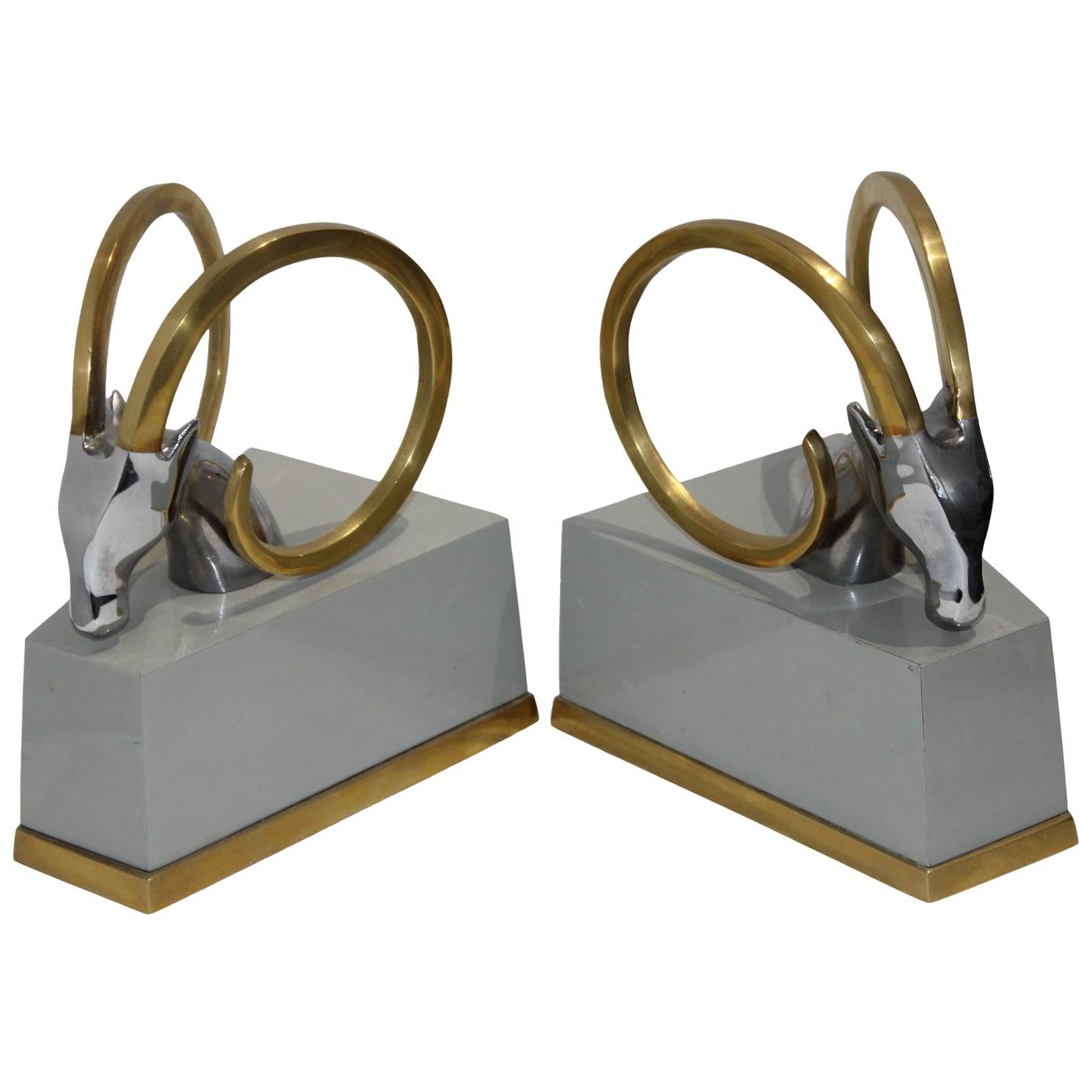 Art Deco Bookends with Brass Ibex Heads