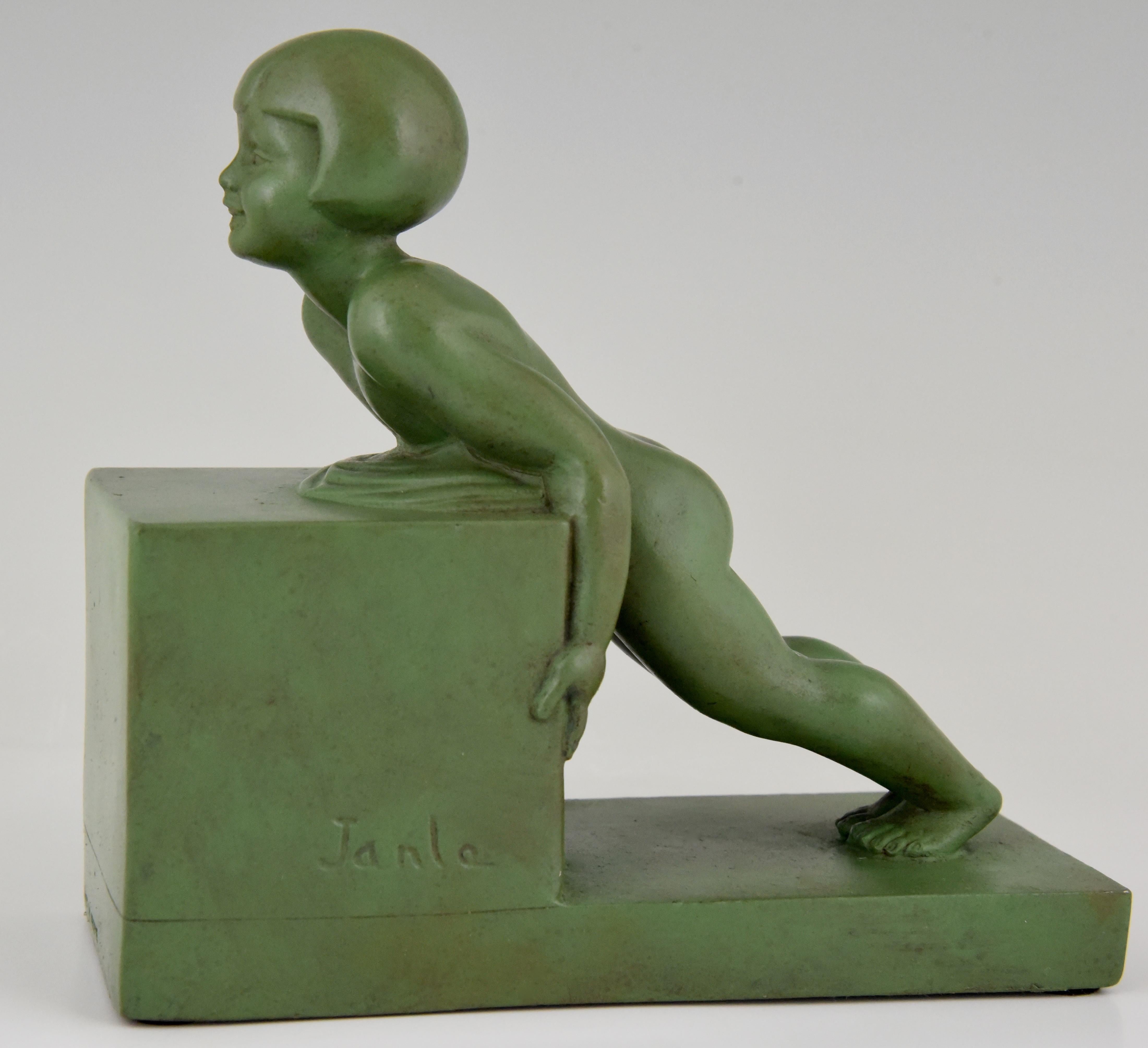 Metal Art Deco Bookends with Children Signed Janle, France, 1930