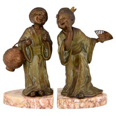 Vintage Art Deco Bookends with Chinese Children Geo Maxim, France, 1930