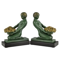 Art Deco Bookends with Kneeling Nudes Holding Baskets by Max Le Verrier 1930